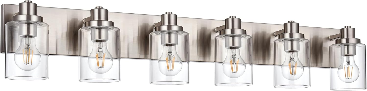 6 Light Vanity Light Brushed Nickel Bathroom Lighting Fixtures Over Mirror, Modern Bathroom Light with Clear Glass Shade, Farmhouse Vanity Lights