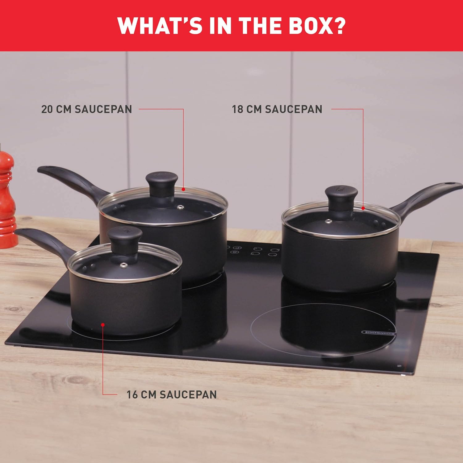 Tefal Cookware Set, Saucepans, Induction, Black, 3 Pc Set