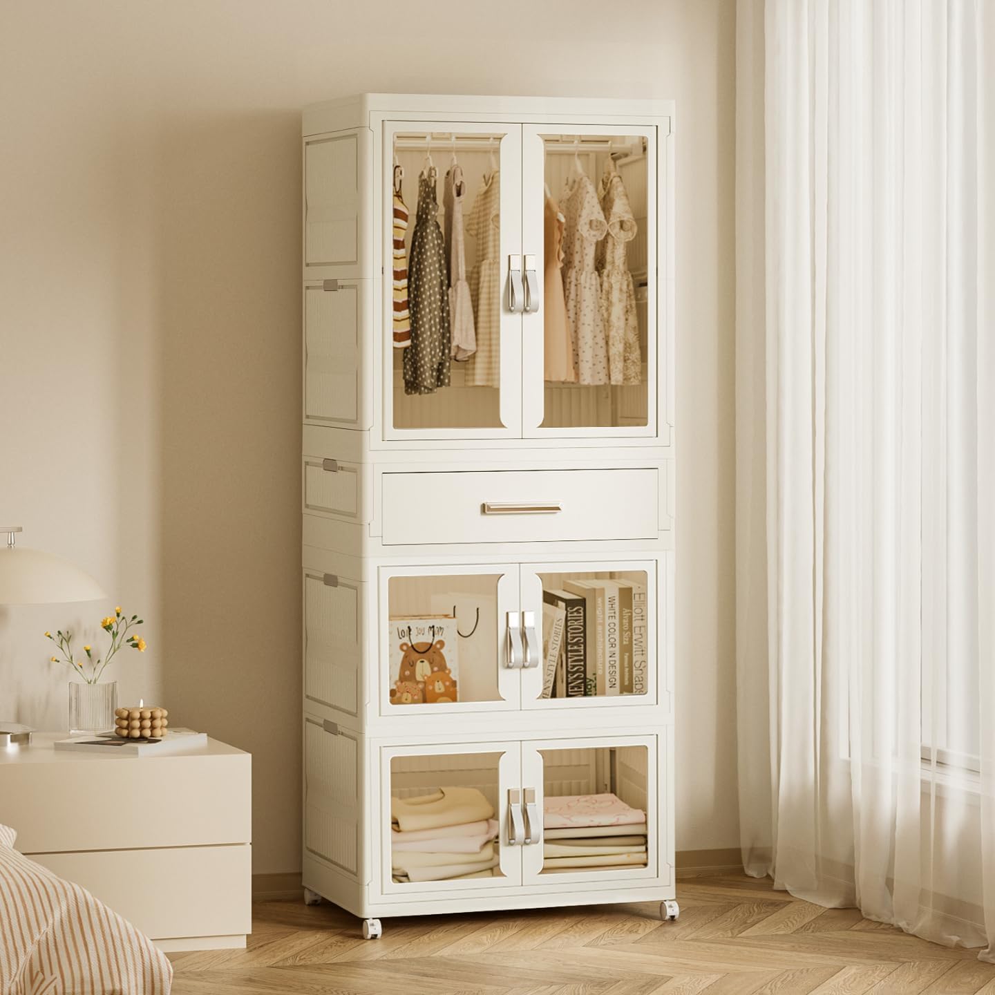 YHB Portable Storage Cabinet, White, 3-Tier Collapsible Wardrobe with Glass Doors, Drawers, Hanging Rods, Rolling Wheels for Pet Clothes, Toys, Accessories