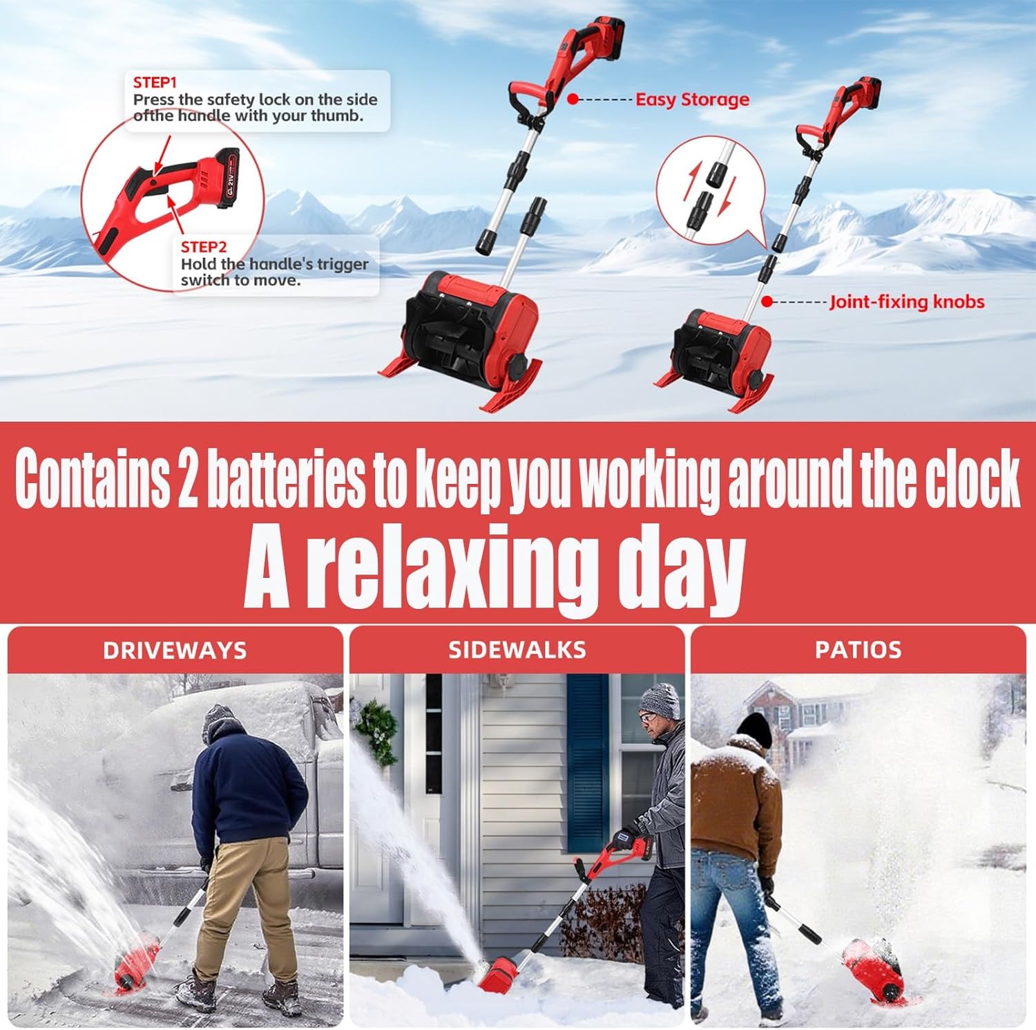 Compact 21V Electric Snow Blower, 12-Inch Snow Shovel with Can Work Continuously for 1 Hour & Quick Charger, Foldable Design for Driveway, Patio, & Deck Use