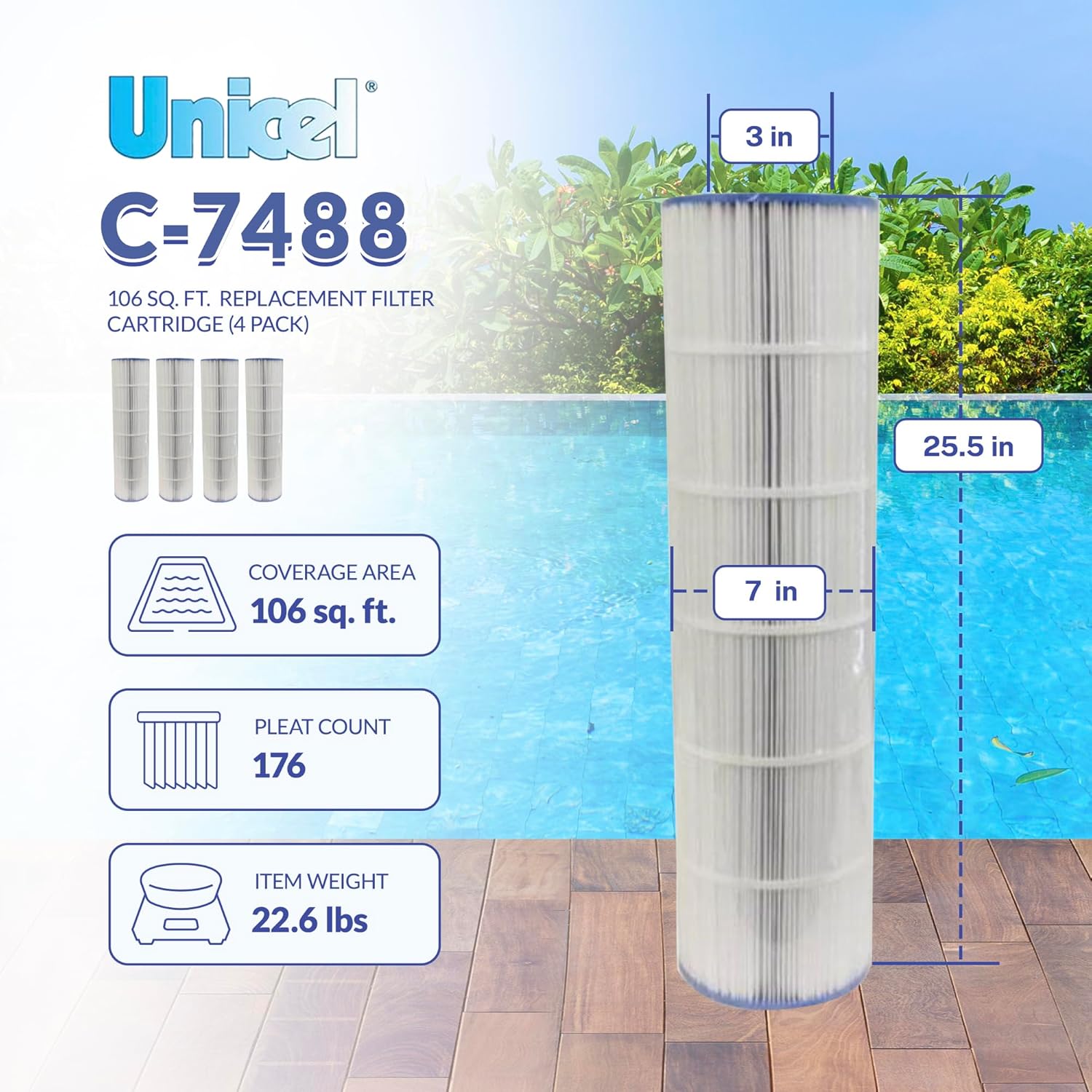 Unicel C-7488 106 Square Foot Media Replacement Pool Filter Cartridge with 176 Pleats, Compatible with Hayward Pool Products (4 Pack)