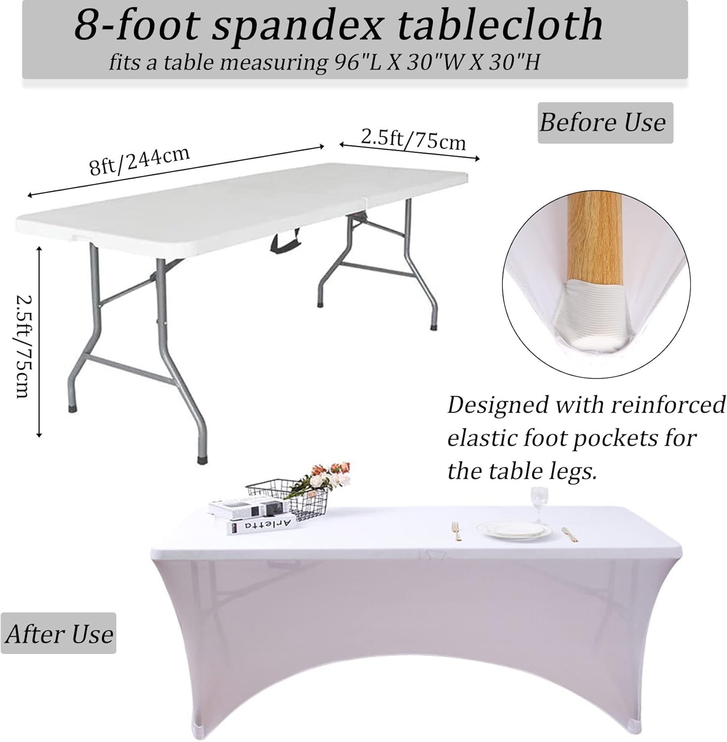 8FT Spandex Table Cover Table Cloth for Folding Tables Fitted Rectangular Tablecover Washable Wrinkle Resistant Polyester Stretch Tablecloth Protector for Wedding Banquet Party (12 Pack, White)