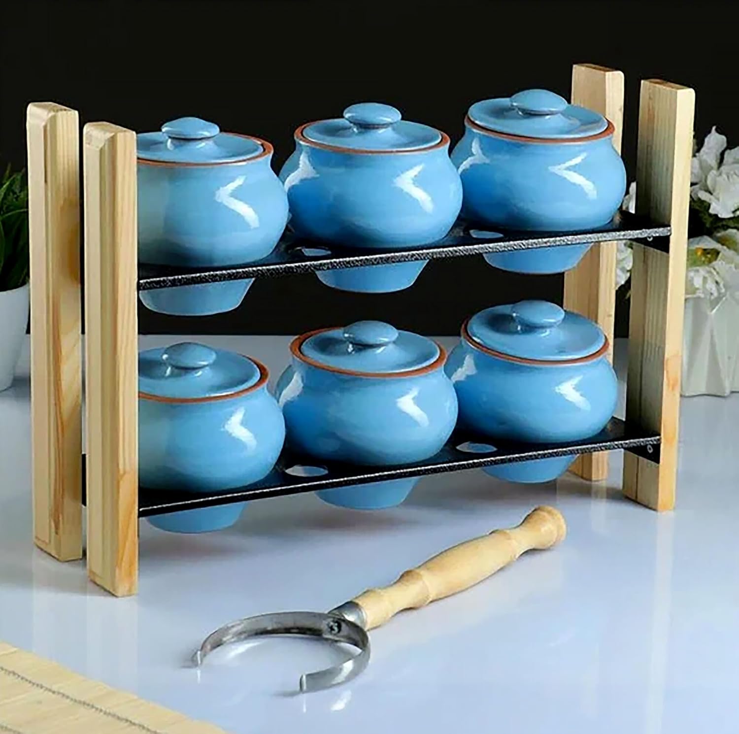 Set of 6 Natural Clay Stoneware Baking Ramekins with Lids & 1 Oven Fork - 0.5-Qt Each - 16.9 fl oz (500 ml) - Clay Pots for Cooking, Dutch Oven Pot With Lid (Blue)