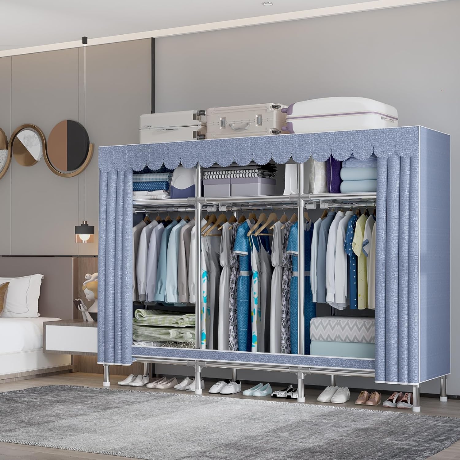 76Inch Portable Wardrobe Closet Storage Organizer for Bedroom, 23MM Thick Steel Hanging Rack with Polyester/Cotton Fabric Cover Moonlight Grey