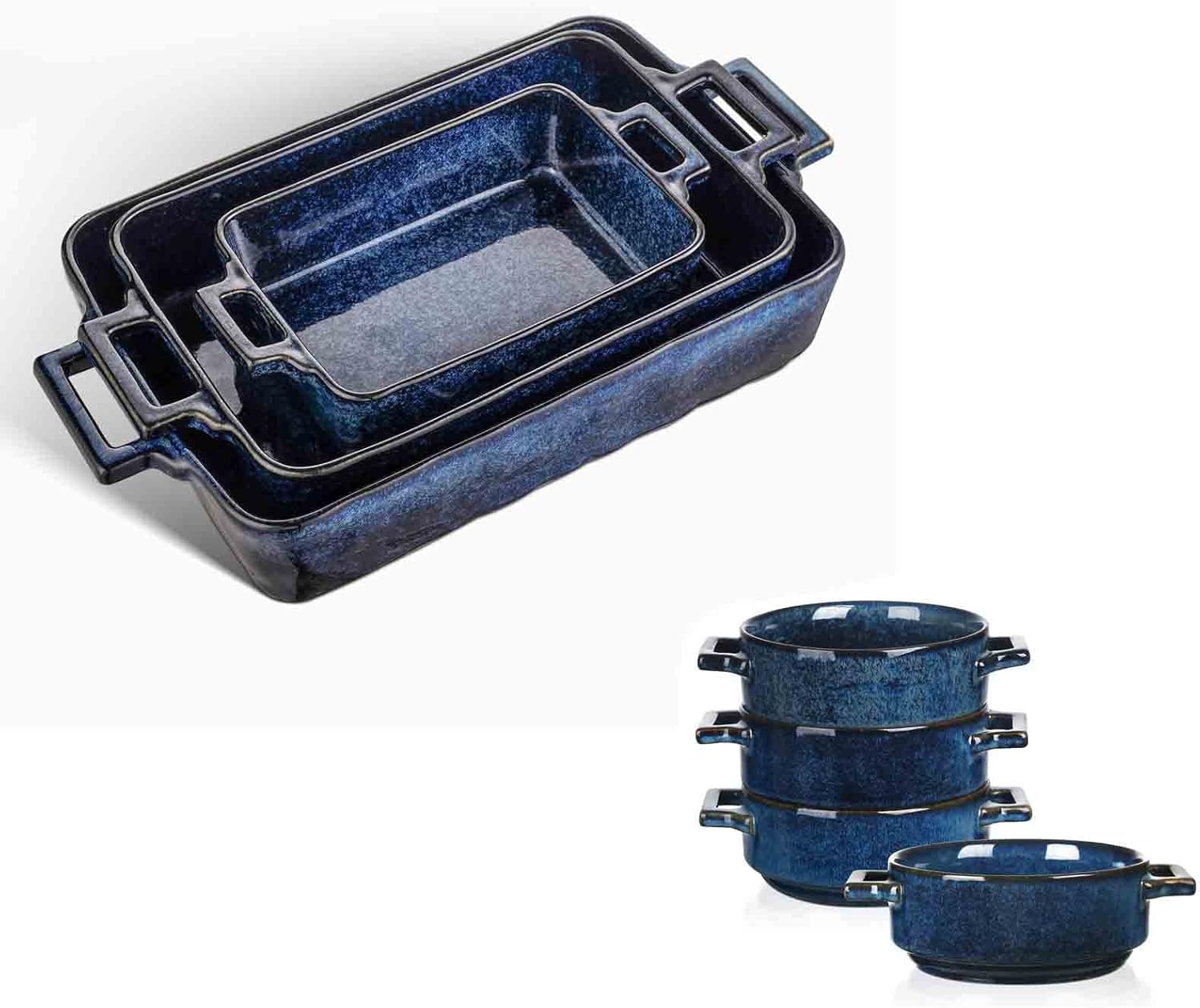 Vicrays 7-Piece Kitchen Bakeware Set, Soup Crocks for French Onion Soup, Porcelain Rectangular Baking Dish for Cooking, Kitchen, Cake Dinner, Microwave and Oven Safe (Blue)