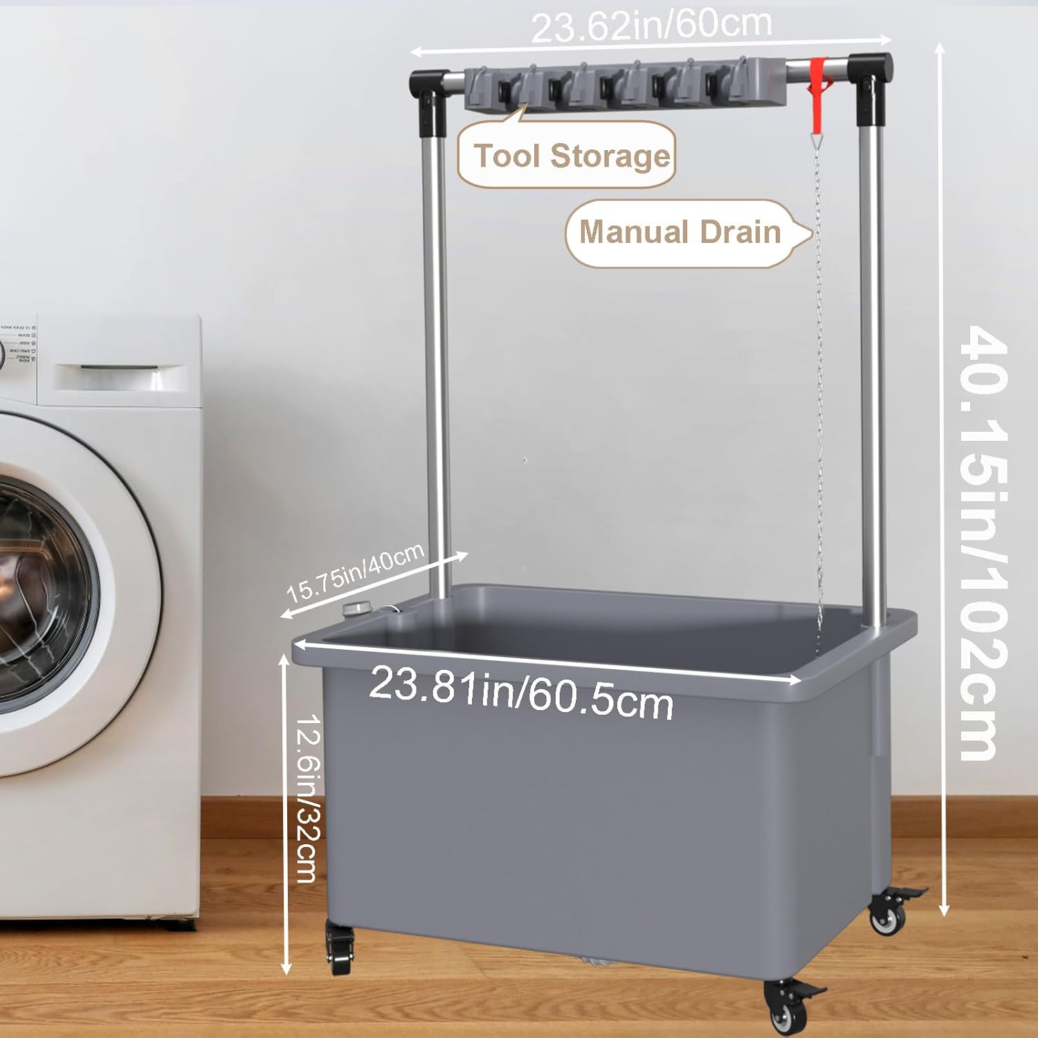 Commercial Mop Sink with Rollers, Plastic Mop Sink Service Basin with Drain Botton, Household Mop Buckets for Balcony Bathroom Kitchen Restaurant Business Outdoor (gray, 6 hooks)