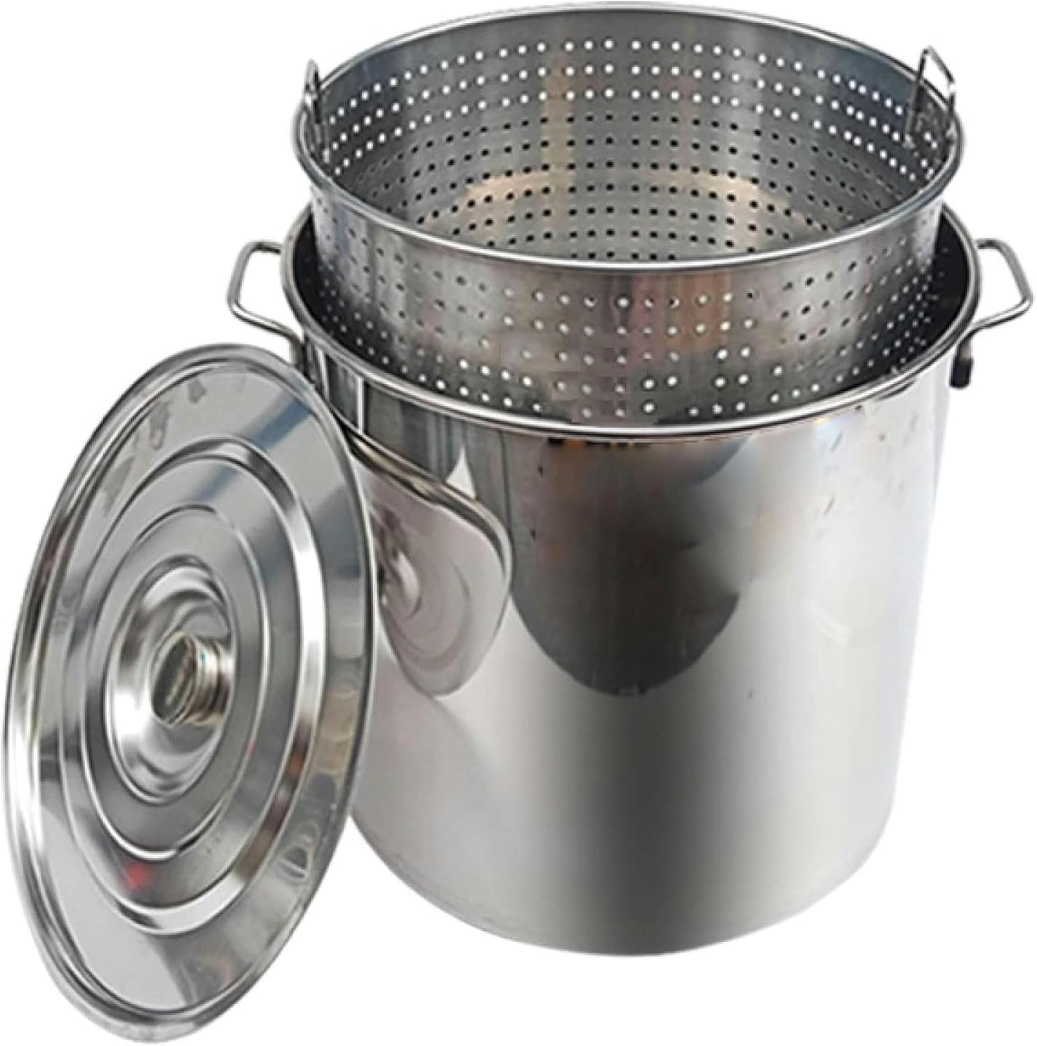 Stainless Steel Cookware Stock Pot 27QT/45QT/63QT Heavy Duty Commercial Turkey Deep Fryer Pot Large Crawfish Seafood Boil Pot with Strainer for Home Outdoor/Siliver /70L/63Qt(Siliver 50L/45Qt)