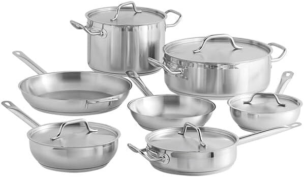 12-Piece Induction Ready Stainless Steel Cookware Set, NSF Listed, 4mm Aluminum-Clad Bottom, Silver, with Saucier Pans, Saute Pan, Brazier, Stock Pot, SS1 Series