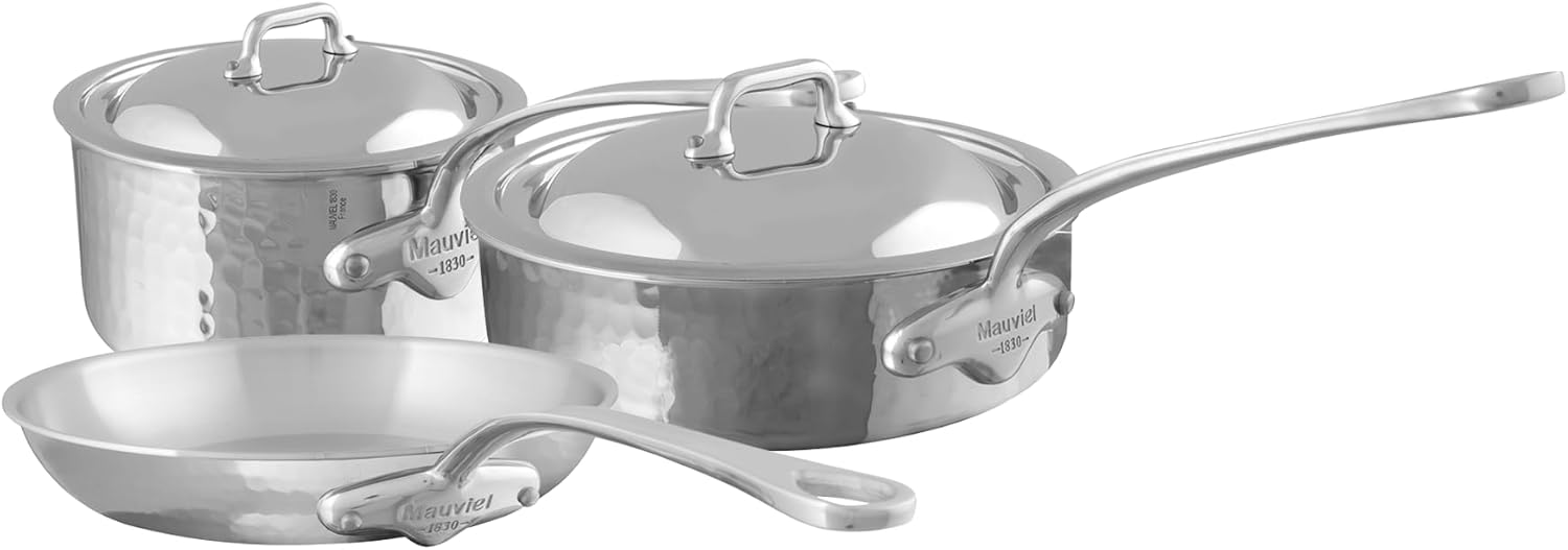 Mauviel M'Elite 5-Ply Hammered Polished Stainless Steel 5-Piece Cookware Set With Cast Stainless Steel Handles And Curved Lid, Made In France