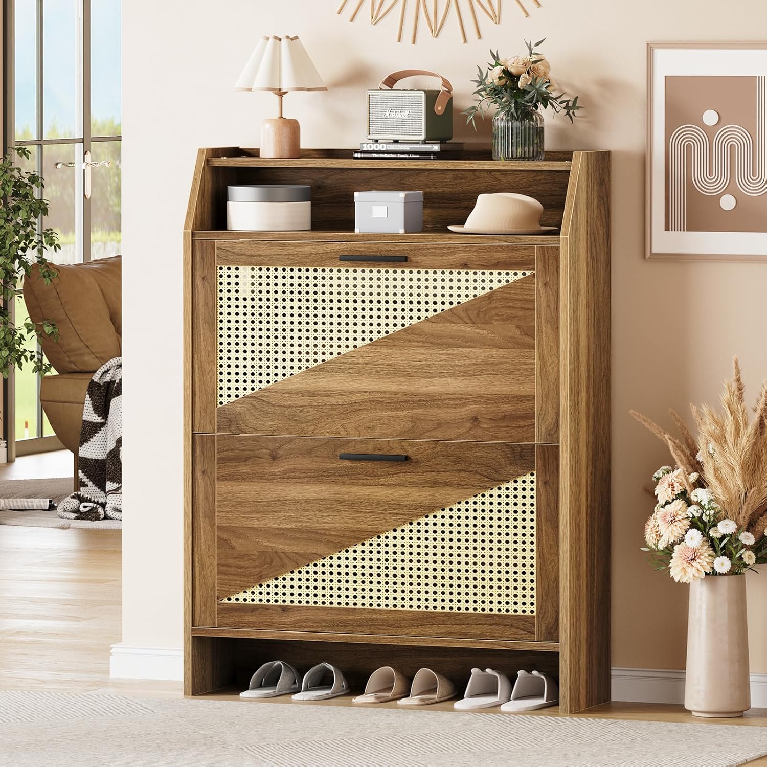 Rattan Shoe Storage Cabinet with 2 Flip Drawers, Wooden Shoe Cabinet with Adjustable Shelf, Narrow Shoe Rack Organizer Cabinet for Entryway, Hallway, Living Room (Wood)