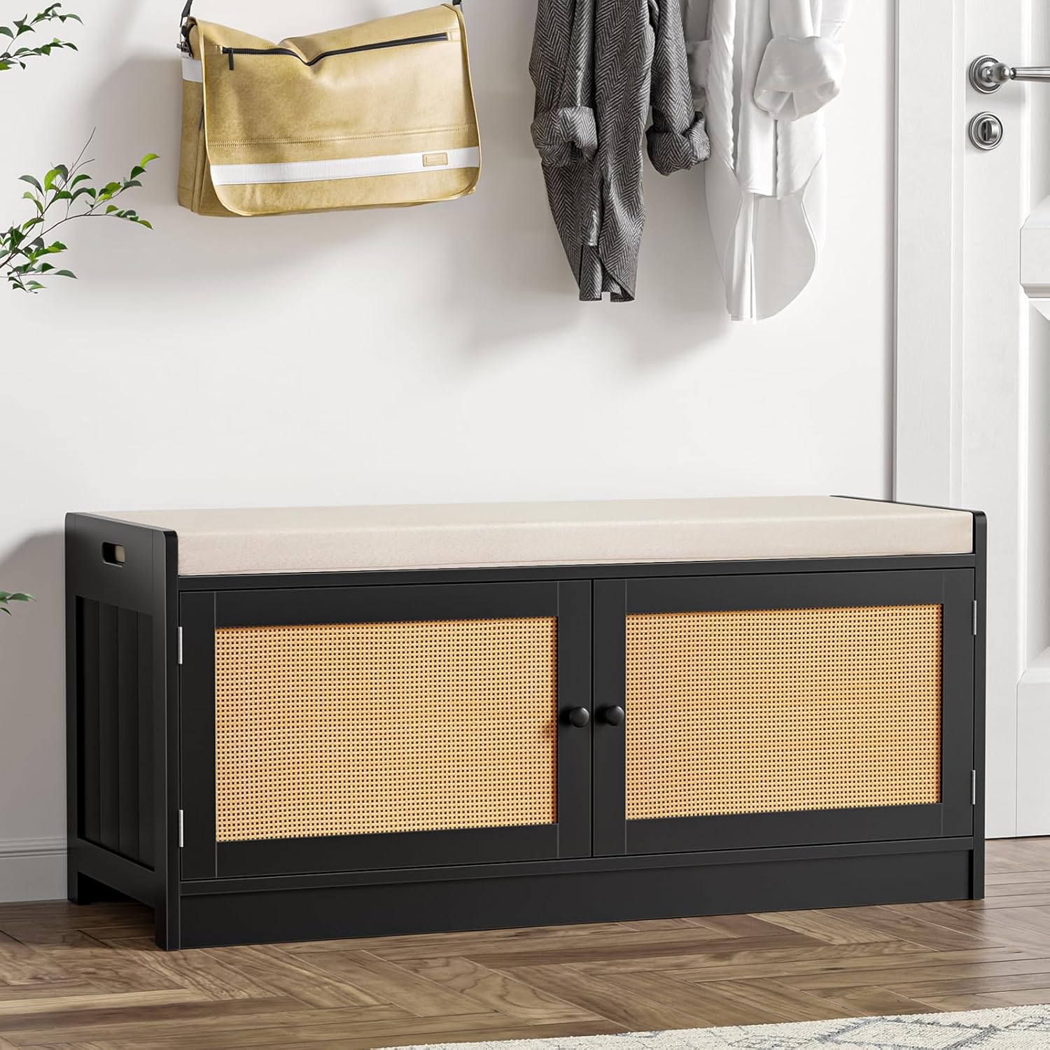 Entryway Shoe Bench with Storage, 2 Doors 2-Tier Rattan Shoe Cabinet with Padded Cushion & Adjustable Shelves, Boho Shoe Organizer Storage Bench for Hallway, Bedroom, Entrance