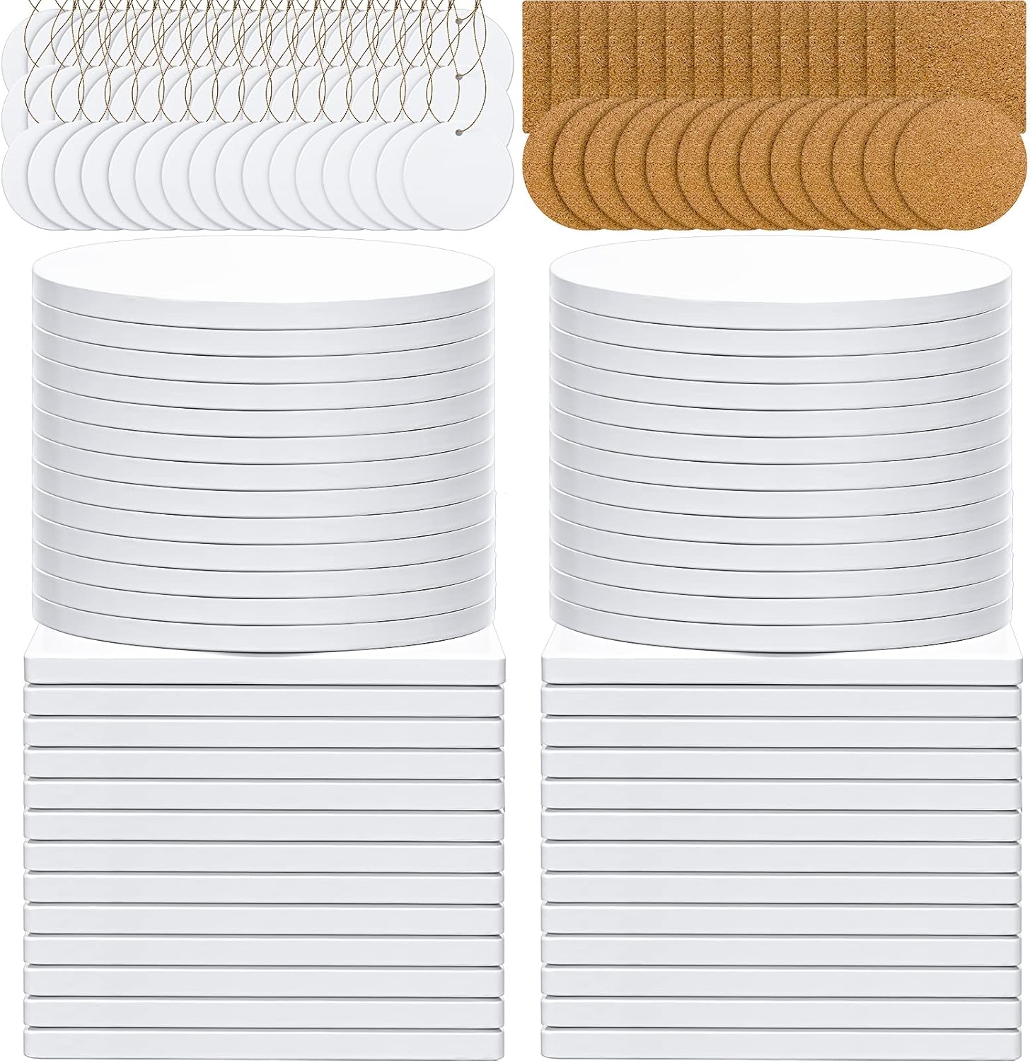 Ceramic Sublimation Coasters Blanks Bulk and Ornaments, Includes Square and Round Glazed Coaster and Round Sublimation Ornament with Gold String for Christmas Thanksgiving Day(100 Pcs)
