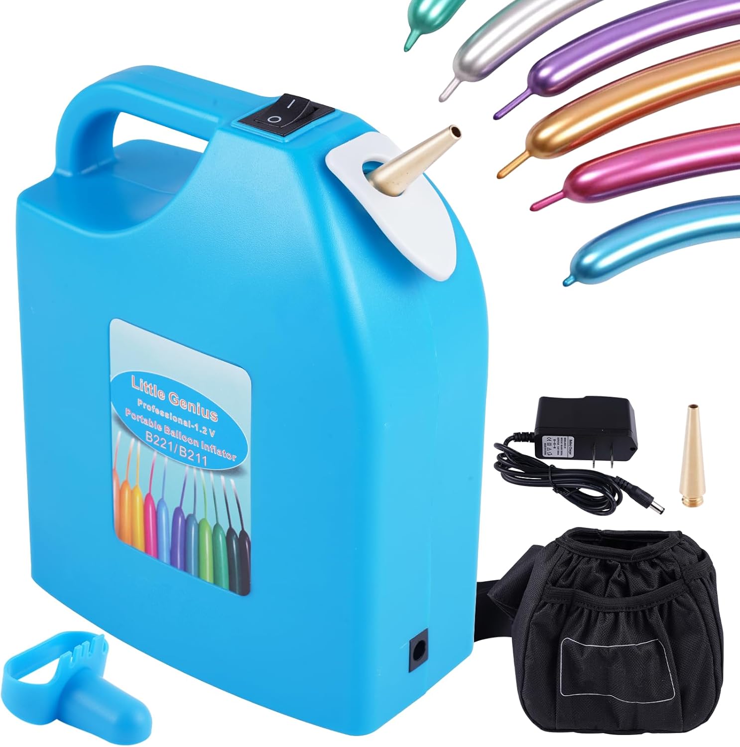 Electric Balloon Inflator Rechargeable Balloon Pump Long Balloon Air Inflator Portable Balloon Air Pump with 2 Nozzles for Birthday Party Decoration (Blue)