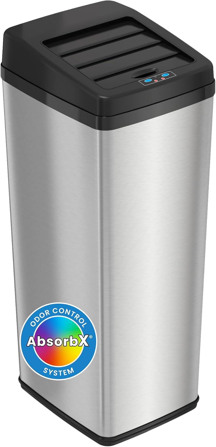 iTouchless 14 Gallon Slide Open Lid Kitchen Trash Can with, Motion Sensor Stainless Steel Rectangular Trashcan for Home Office Garage Work Bedroom Living Room Large Capacity Slim Wastebasket, Silver