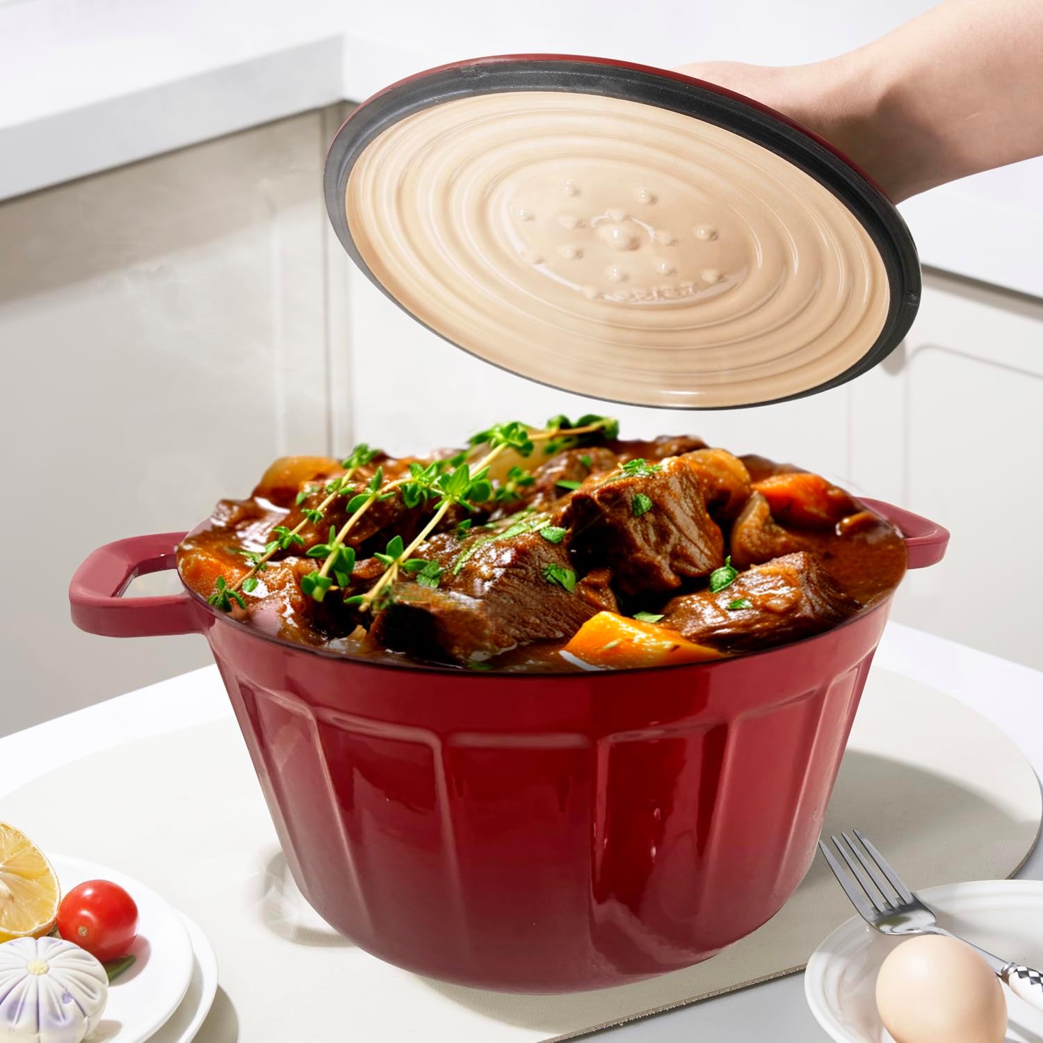 6 Quart Enameled Cast Iron Dutch Oven Pot with Lid – ceramic dutch oven round pot – enamel dutch oven with lid, enameled cast iron for Cooking (Ruby Red)