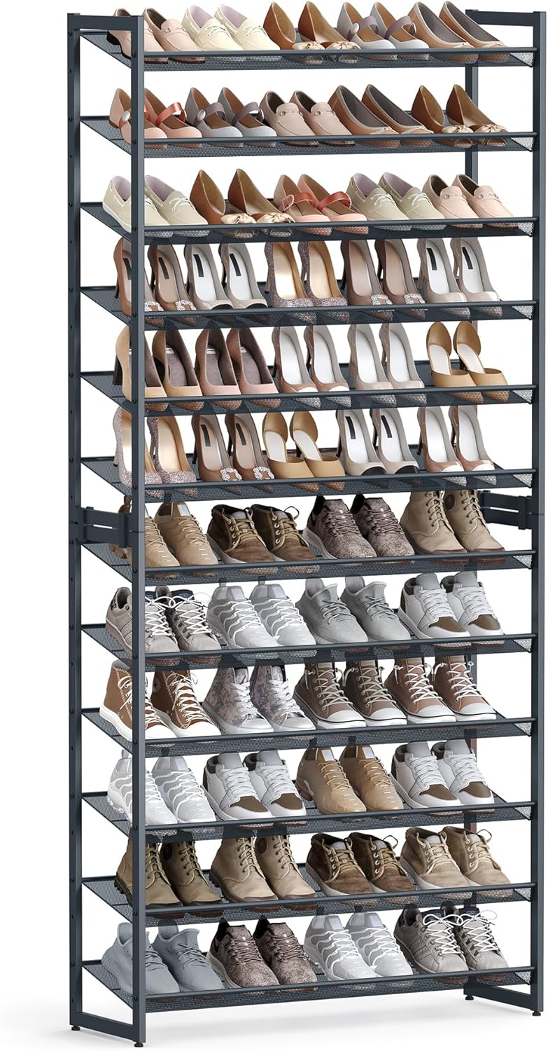 SONGMICS 12-Tier Stackable Shoe Shelf Set, Metal Shoe Storage for Garage, Entryway, with Adjustable Shelves, Hold 48-60 Pairs, Cool Gray ULMR12G01