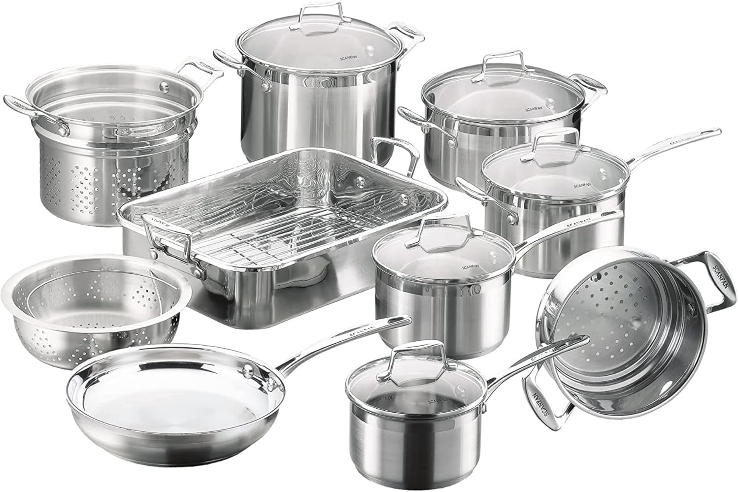SCANPAN Impact 16-Piece Cookware Set - Includes 10 Total Pieces + 6 Lids - Made of Durable 18/10 Stainless Steel - Dishwasher & Oven Safe