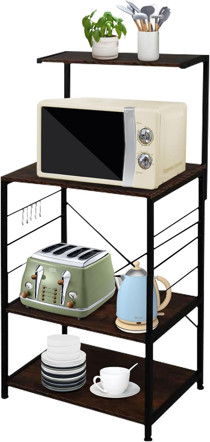 4 Tier Standing Baker's Rack, Microwave Oven Stand with 4 Hooks, Coffee Station, Utility Kitchen Storage Shelf for Spices/Pots/Pans (Vintage Brown, 23.6