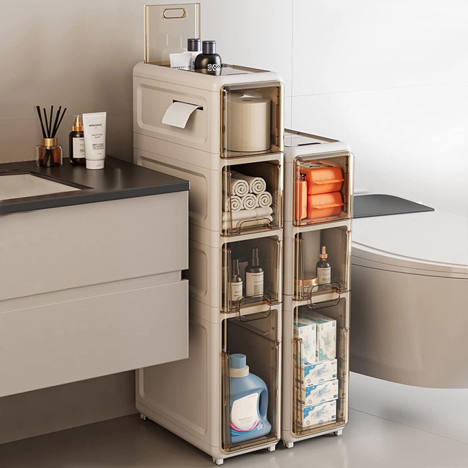 4-Tier Slim Bathroom Storage Cabinet Next to Toilet with Clear Drawers Movable Standing Towels Toys Narrow Organizer Unit for Small Space Kitchen Laundry Gap - Already Assembled