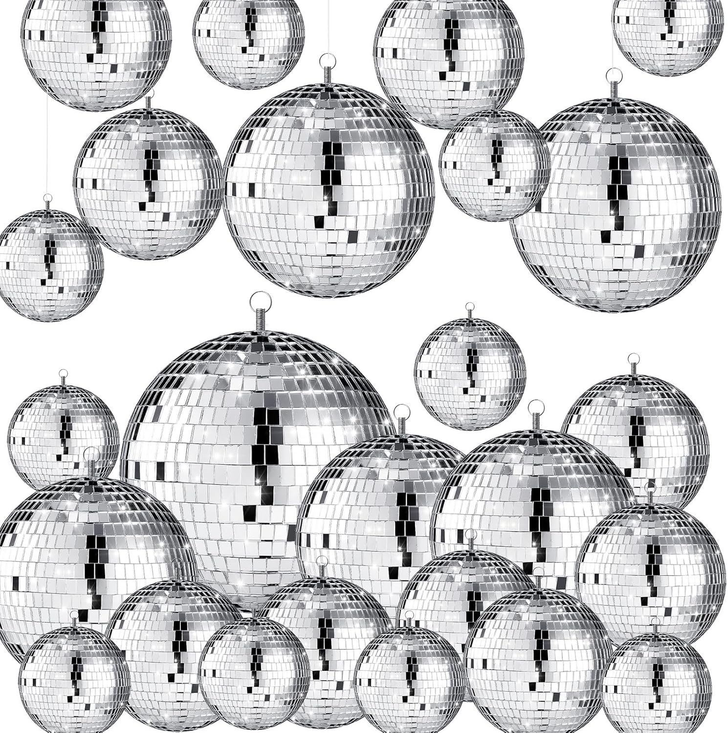 Sumind 25 Pcs Disco Balls Decoration Mirror Disco Balls Silver Hanging Decorations Reflective Dance and Music Festivals for DIY Halloween Christmas Stage Hall Prop (3.2'' 4'' 6'' 8'')