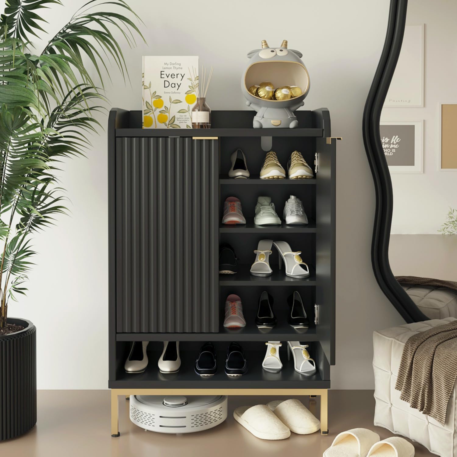 Modern Shoe Cabinet with Fluted Door,5-Tier Farmhouse Shoe Cabinet with 3 Adjustable Shelves,41.5'' Tall Wooden Shoe Rack Organizer Cabinet for Entryway, Hallway,Living Room,Natural