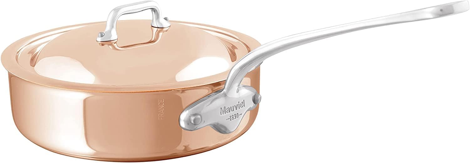 Mauviel M’6S 6-Ply Polished Copper & Stainless Steel Saute Pan With Lid, And Cast Stainless Steel Handle, Suitable For All Types Of Stoves, 1.8-qt, Made in France