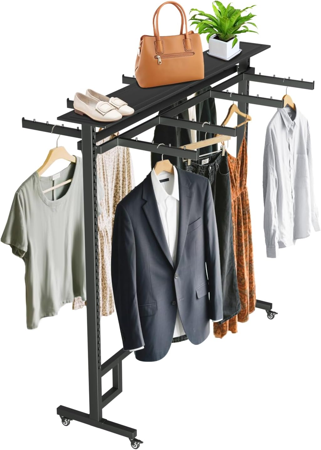 Retail Clothing Rack with Adjustable 8 Arms, Portable Boutique Display Stand on Wheels and Shelf, Floor Standing Metal Garment Rack for Hanging Shirts, Black