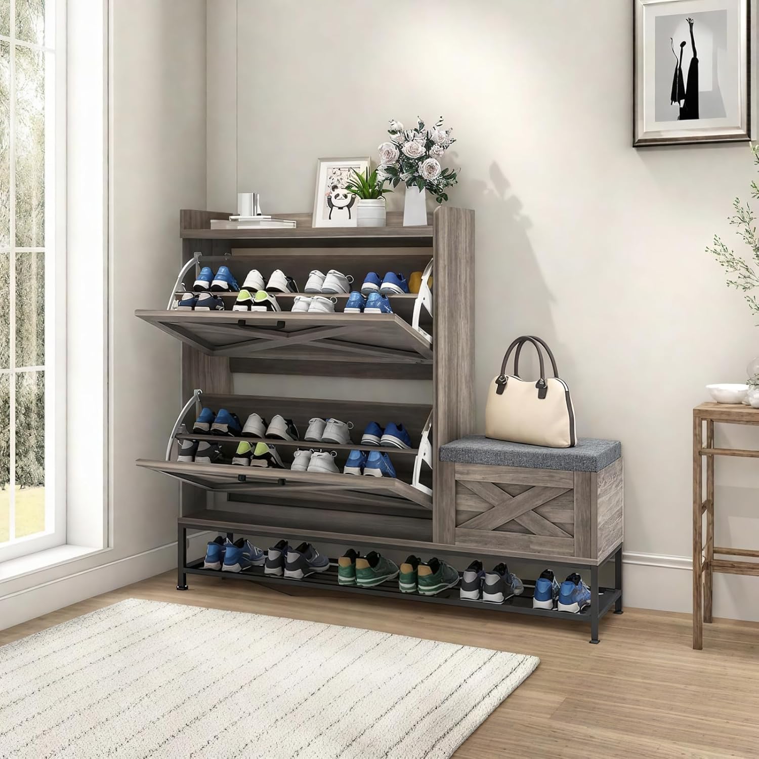 DWVO Farmhouse Shoe Cabinet Bench with 2 Flip Drawers for 16 Pairs, Chic Entryway Bench and Rustic Design for Living Rooms and Hallways (Washed Grey)