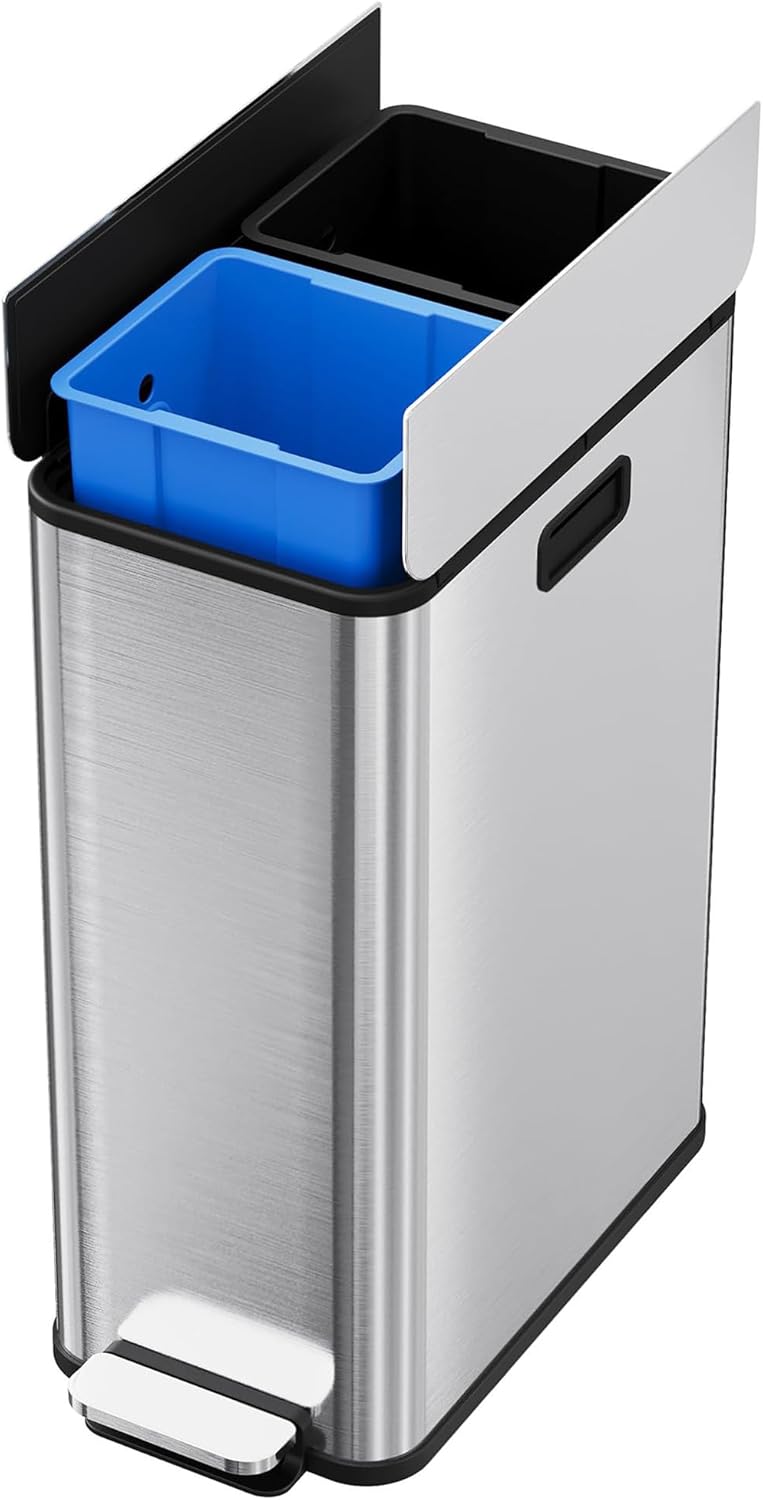 PioneerWorks 56L Dual Step-On Kitchen Trash Can with Butterfly Lid, 2 * 7.4Gal/28L Step Trash Can with Dual Compartment Kitchen Garbage Can for Waste & Recycling Bins, for Home Office Room