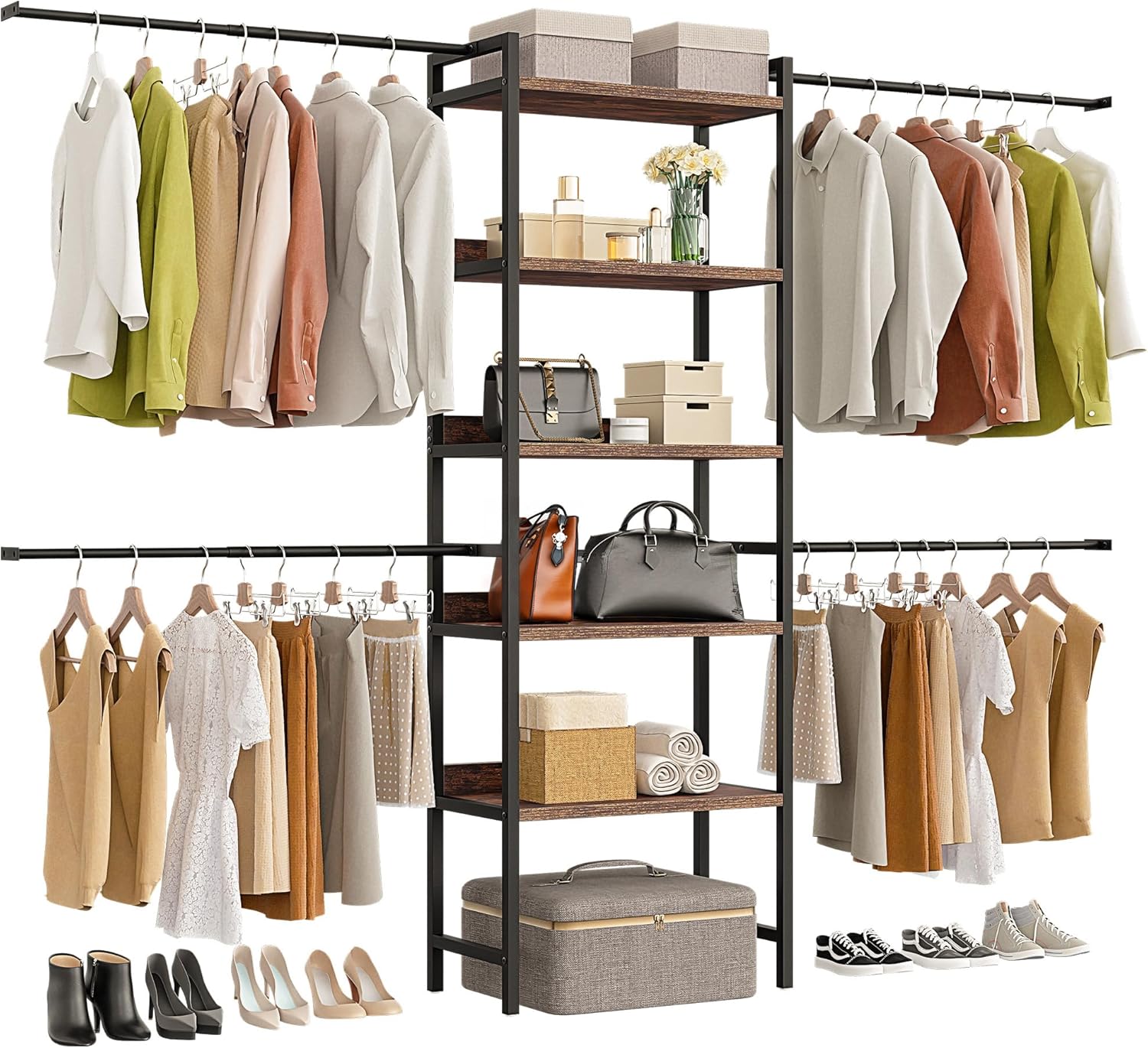 DWVO Closet Organizer System for Bedroom, Adjustable Heavy Duty Garment Rack Walk In Closet System, 4 Expandable Hanger Rods 5-Tier Wood Closet Storage Shelves with Backplane, Fits 6-9 ft Space, Black