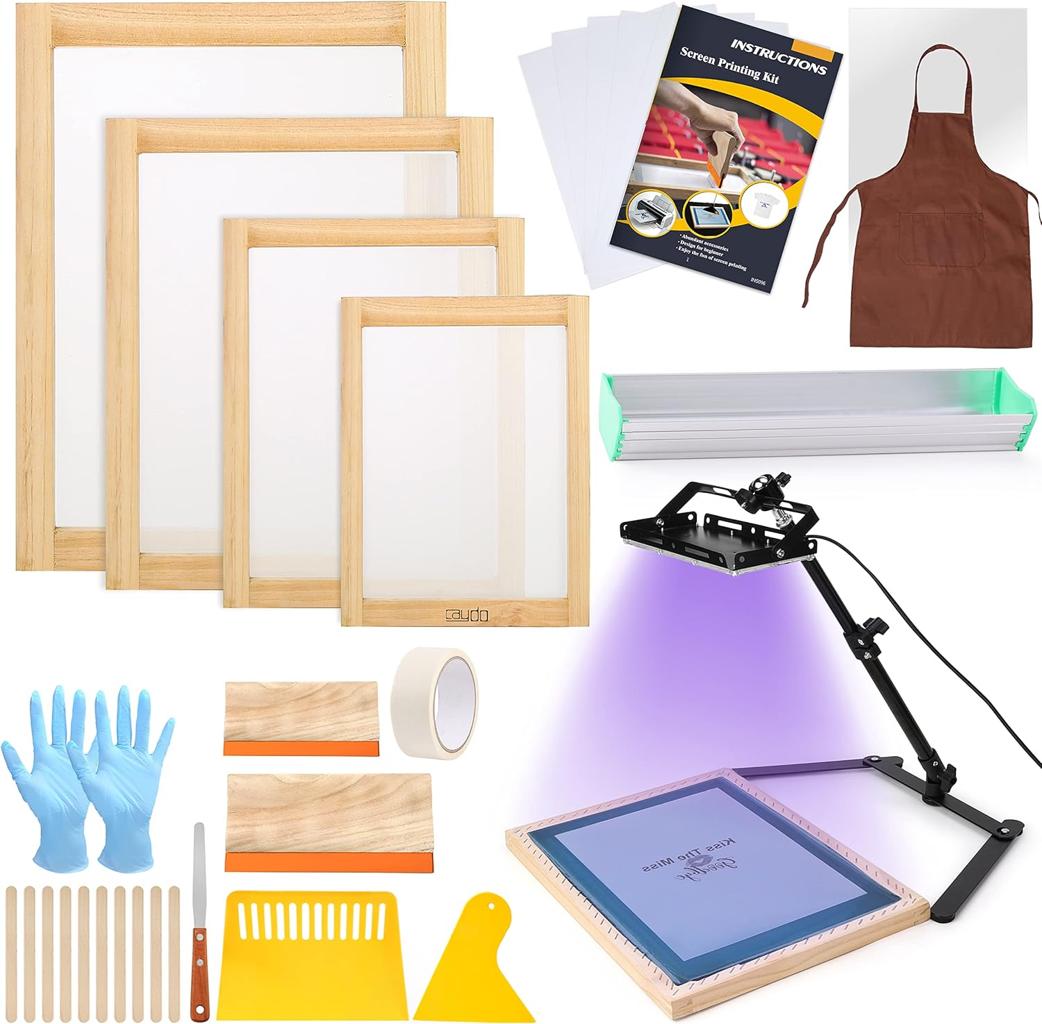 Caydo 36 Pieces Screen Printing Kit Includes 50W LED UV Exposure Screen Printing Light, 4 Sizes Silk Screen Printing Frame, Instructions, 5 Sheets A4 Inkjet Film for Screen Printing