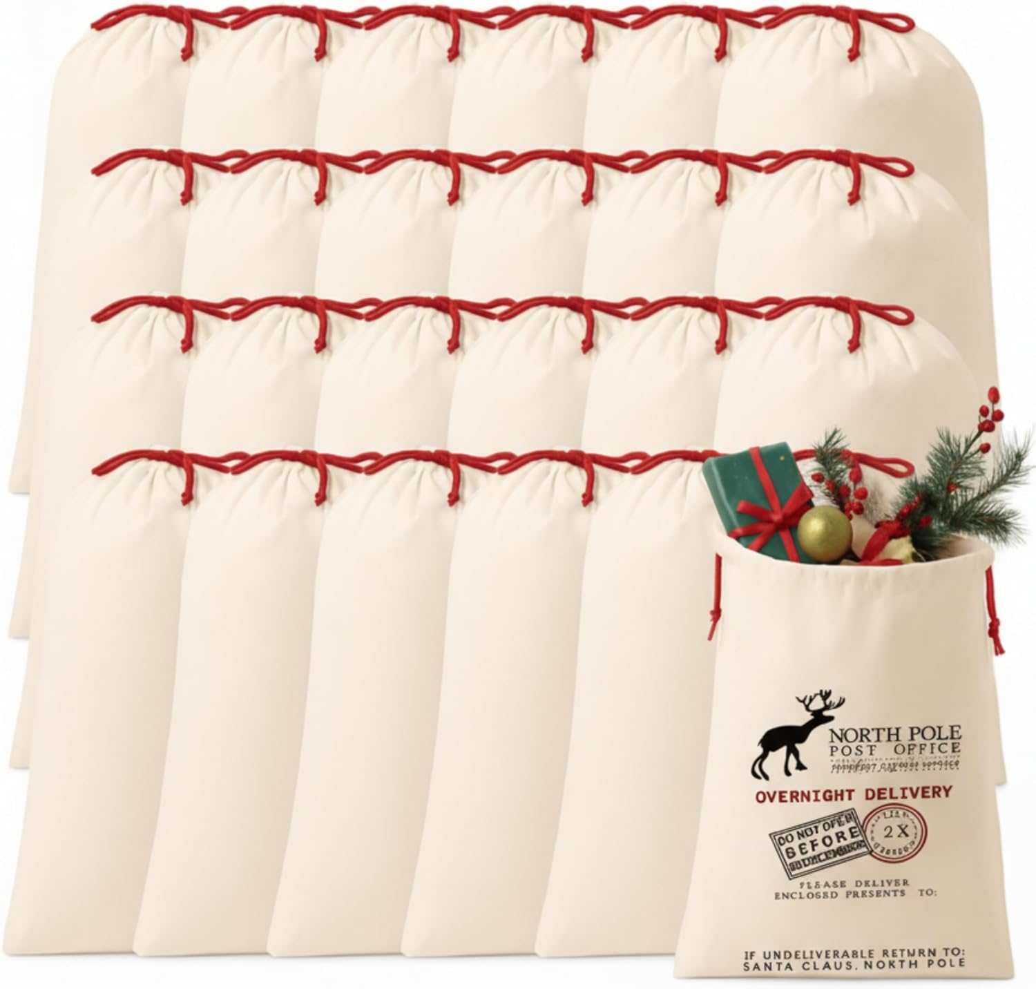 Clysee 24 Pack Sublimation Santa Blank Christmas Sacks, Large Reusable Cotton Canvas Drawstring Bags 26.8 x 18.9 in, Blank Xmas Gift Bags for Holiday DIY, Christmas Parties, Presents