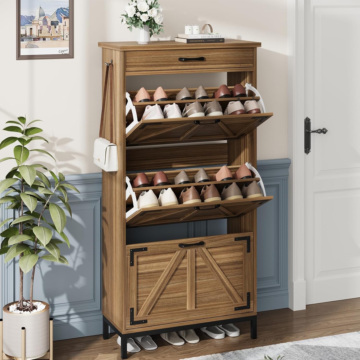Brown Shoe Cabinet Storage for Entryway - 3 Flip Drawers Narrow Shoe Organizer Cabinet for Hallway