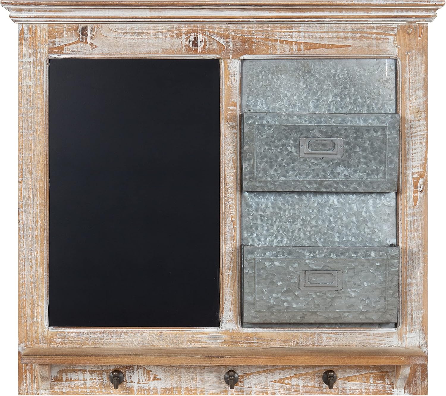 Kate and Laurel Idamae Farmhouse Wood Wall Organizer with Hooks; 28 x 25; White; Decorative Rustic Wall Organizer with Mail Holder; Chalkboard; and Three Key Holder Hooks