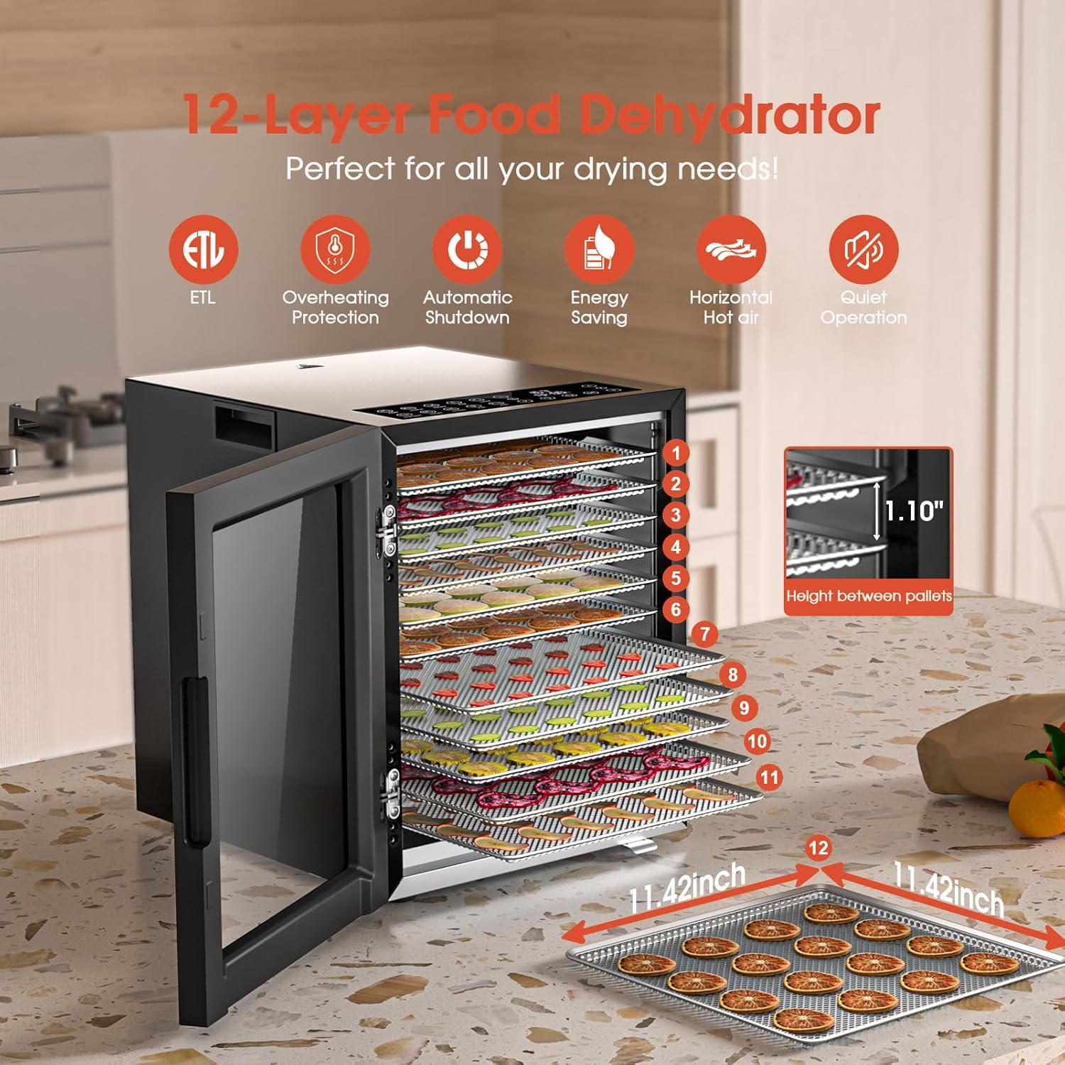 Food Dehydrator, 12 Stainless Steel Trays in 850W Electric Dehydrator Machine, 48 Hour Digital Timer and 165°F Temperature Control, Food Dryer for Jerky, Dog Treats, Herbs, Meat, Fruit and Veggies