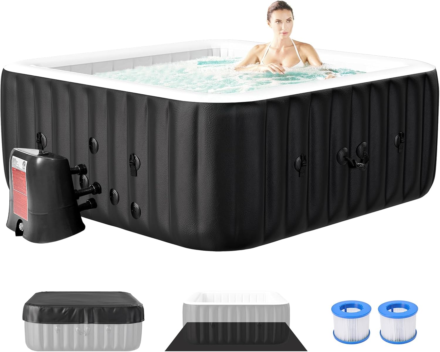 Inflatable Hot Tub, 4-6 Person Large Square Portable Blow up Hot Tub, Leak-Proof PVC Outdoor Spa with 130 Bubble Jets, Insulated Cover and Heater Pump, 73” X 73”X 25”