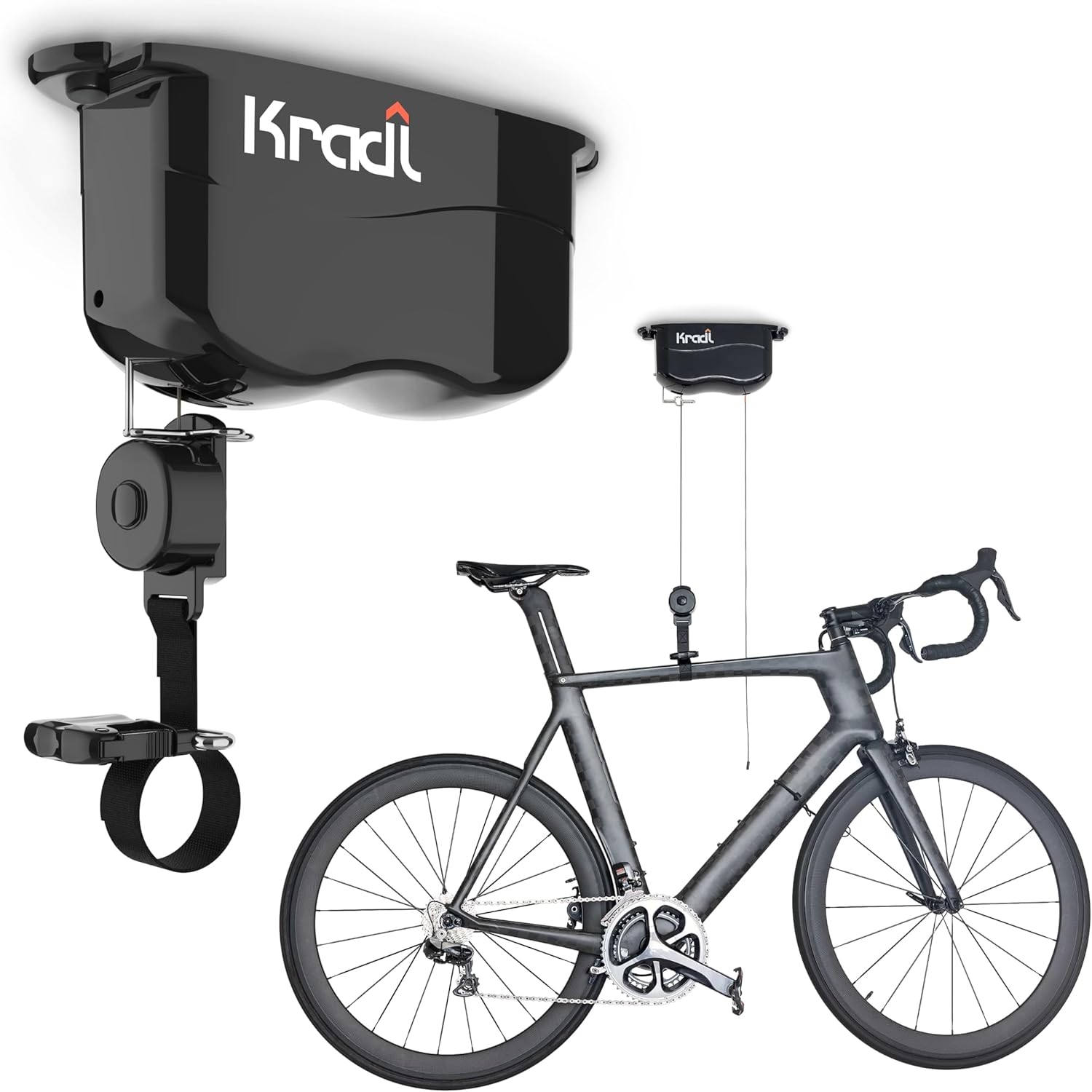 Kradl - Ceiling Mount Bike Lift and Rack. Bicycle Storage Hoist Without Electricity, Clumsy Ropes or Pulleys.
