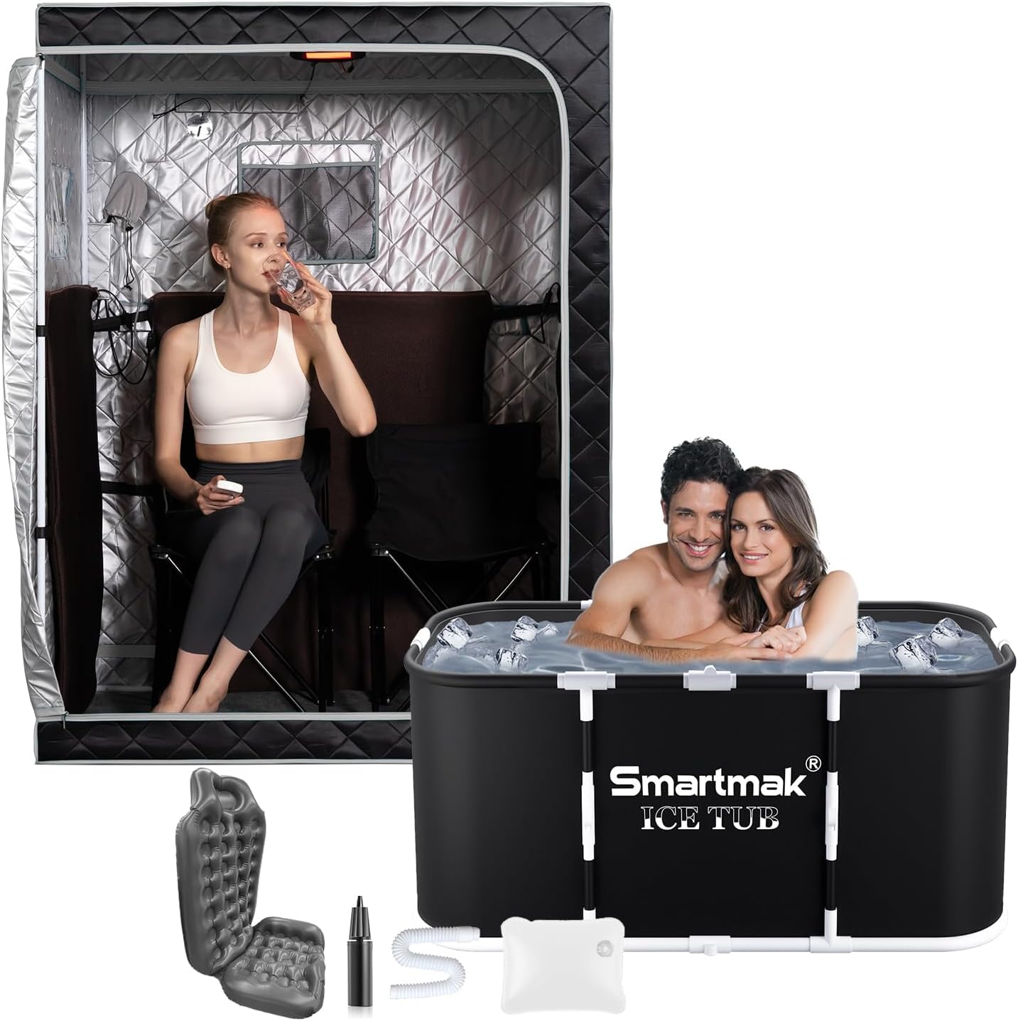 Full Size Two Person Far Infrared Sauna with Ice Bath Tub, Portable Home SPA with Time & Temperature Remote, Chairs, Light, Oversized 2 Person Privacy Saunas, Portable XL Large Cold Plunge Tub