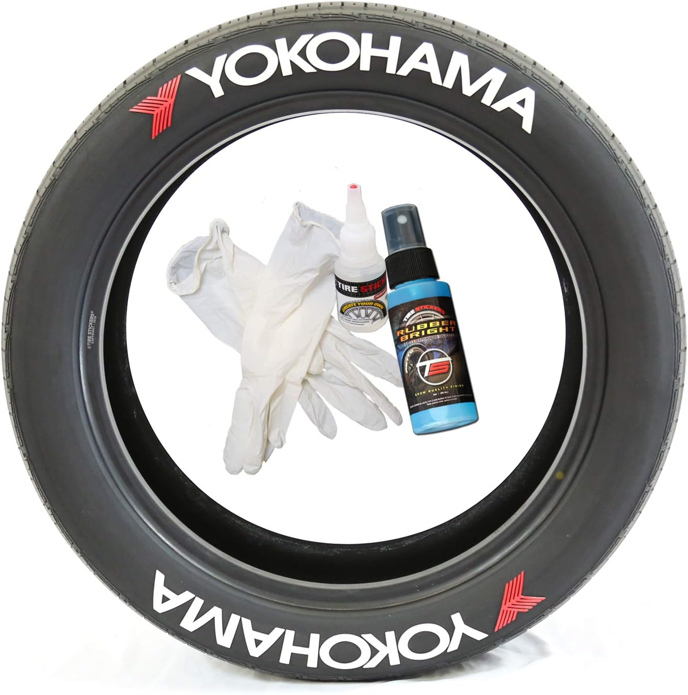 Tire Stickers Yokohama w/Logo - Permanent DIY Glue On White Tire Lettering Kit with Glue & 2oz Touch-Up Cleaner / 17-18 Inch Wheels / 1.50 Inches/White / 4 Pack