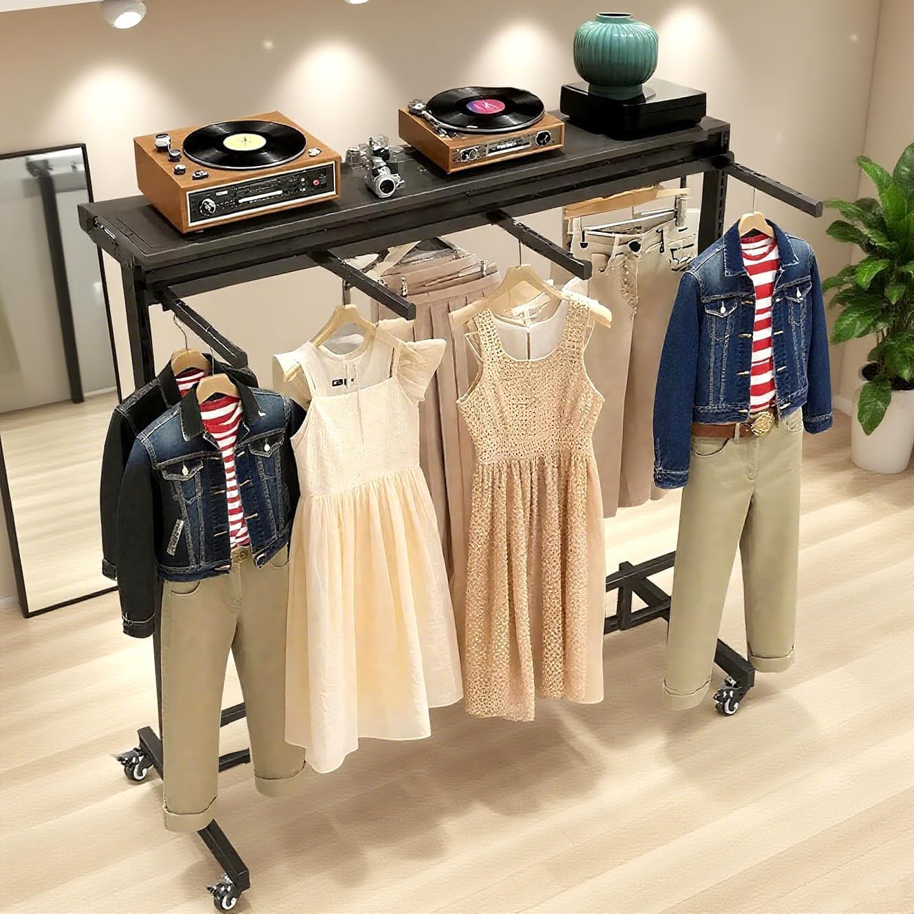 Black Clothing Racks with Removable 6/8 Arms Floor Standing Metal Garment Rack with Wheels Heavy Retail Display Racks Shirt Clothes Display Stand for Boutiques (59 * 19.6 * 61.02in)