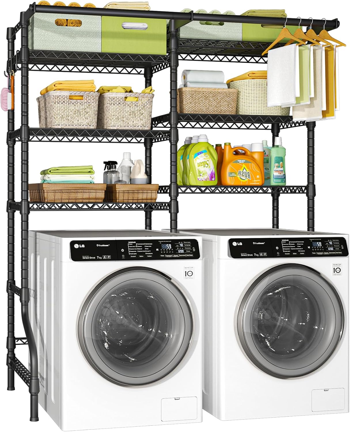 Ulif U13 Medium Over Washer and Dryer Storage Shelves, 6 Tiers Laundry Room Standing Shelf with 2 Hanger Rods, Space Saver Clothes Drying Rack, 57.8
