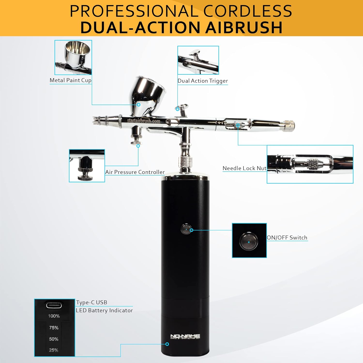 NO-NAME Brand. Cordless Airbrush Kit with Portable Compressor & 5 Water-Based Acrylic Paints Made in USA: Portable Dual Action Airbrush, Ideal for Painting, Makeup, Model, and Nail Art (5-Color)