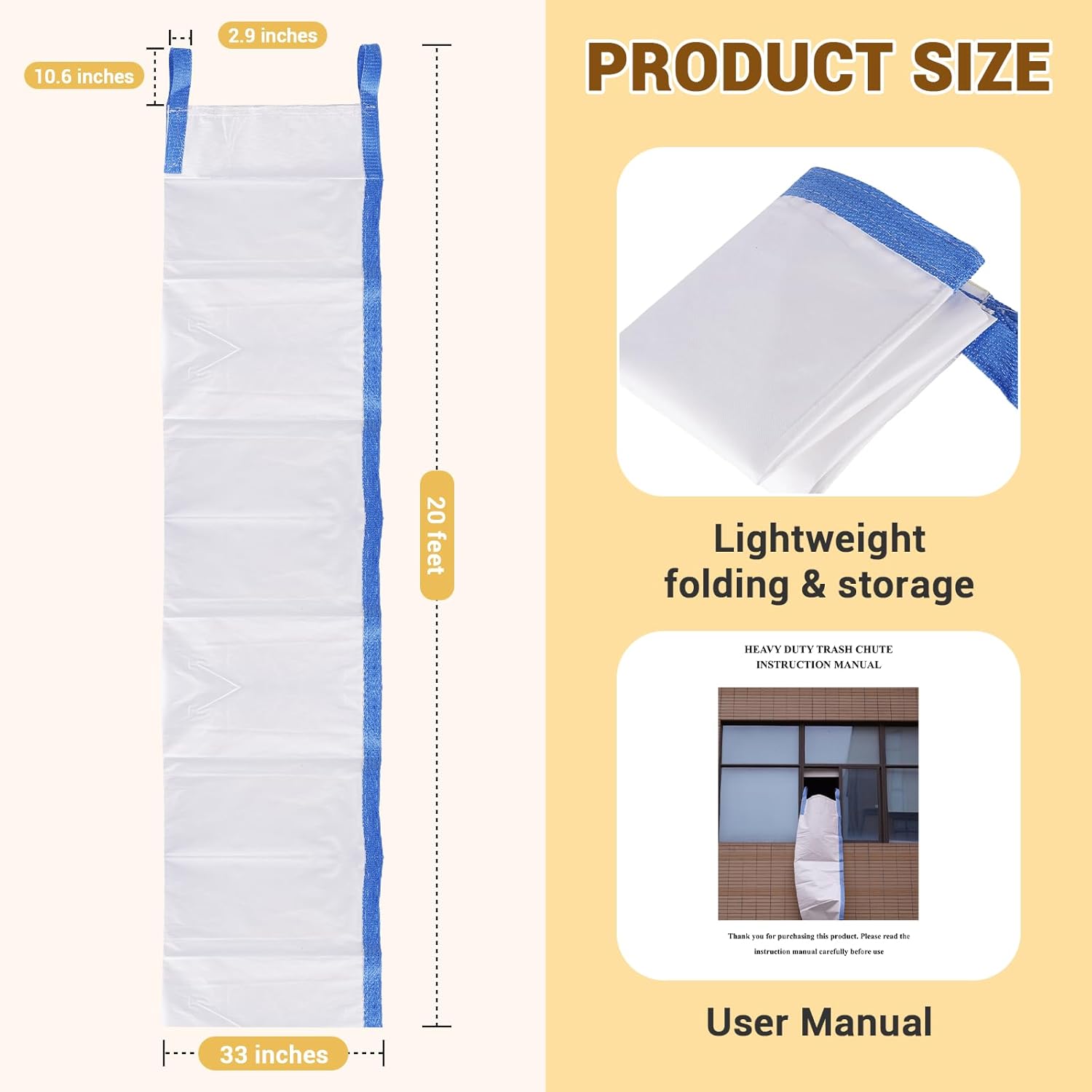 JIAWANSHUN Heavy Duty Trash Chute 20ft x33in,Widened Construction Debris Chute with Durable Portable Design,Easy Install for Heavy Waste Removal, Yard Cleanup, Attic Renovation & Moving