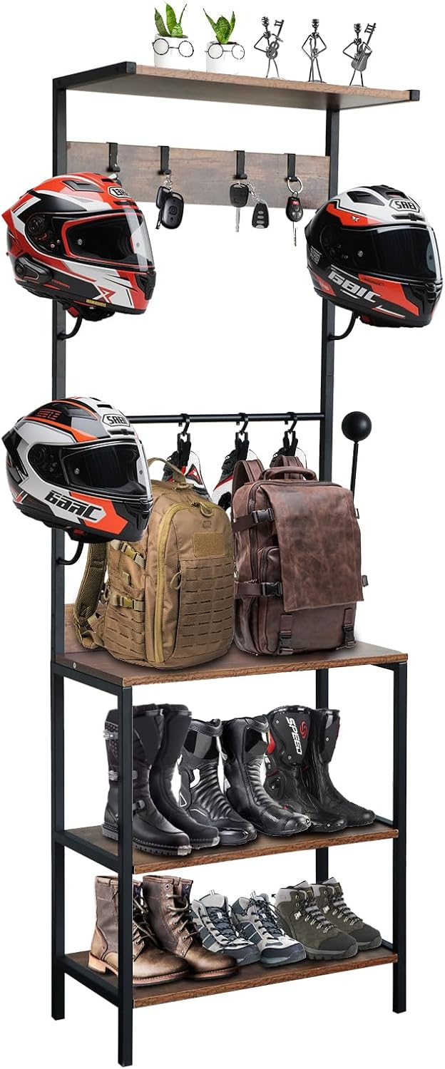 Motorcycle Helmet Holder, Floor Mounted Stand Helmet Holder with 4 Helmet Rack, 4 Glove Chips and 4 Hooks, Rustic Motorcycle Helmet Rack for Motorcycle