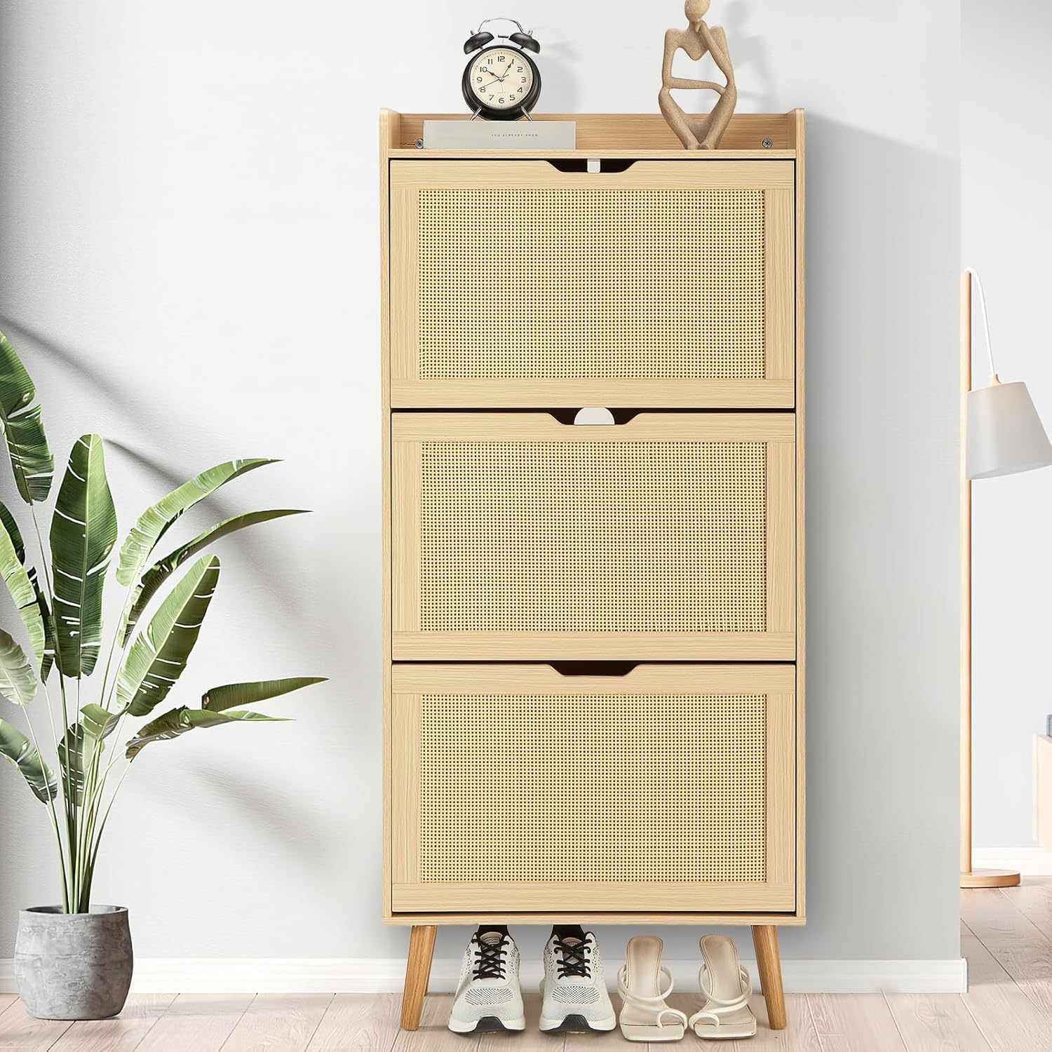 IDEALHOUSE Shoe Cabinet for Entryway, Rattan Storage Organizer with Flip-Drawer & Anti-Tip Design, Shoe Storage Cabinet - Holds 15-20 Pairs of Shoes for Closet/Bedroom