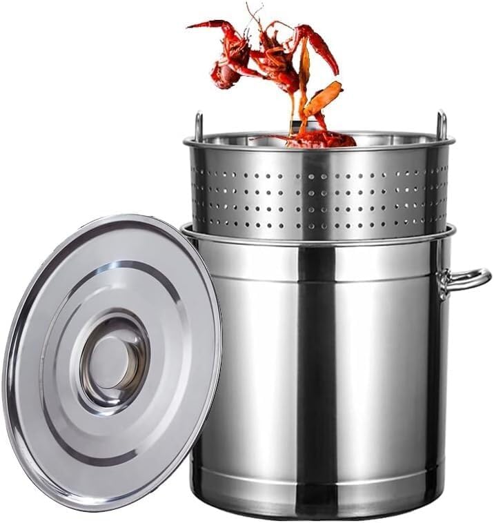 Multipurpose Stock Pot and Steamer Pot - Ideal for Crab, Seafood, Soups, Stews, and Pasta Cooking with Strainer Basket and Lid(70L/63Qt)
