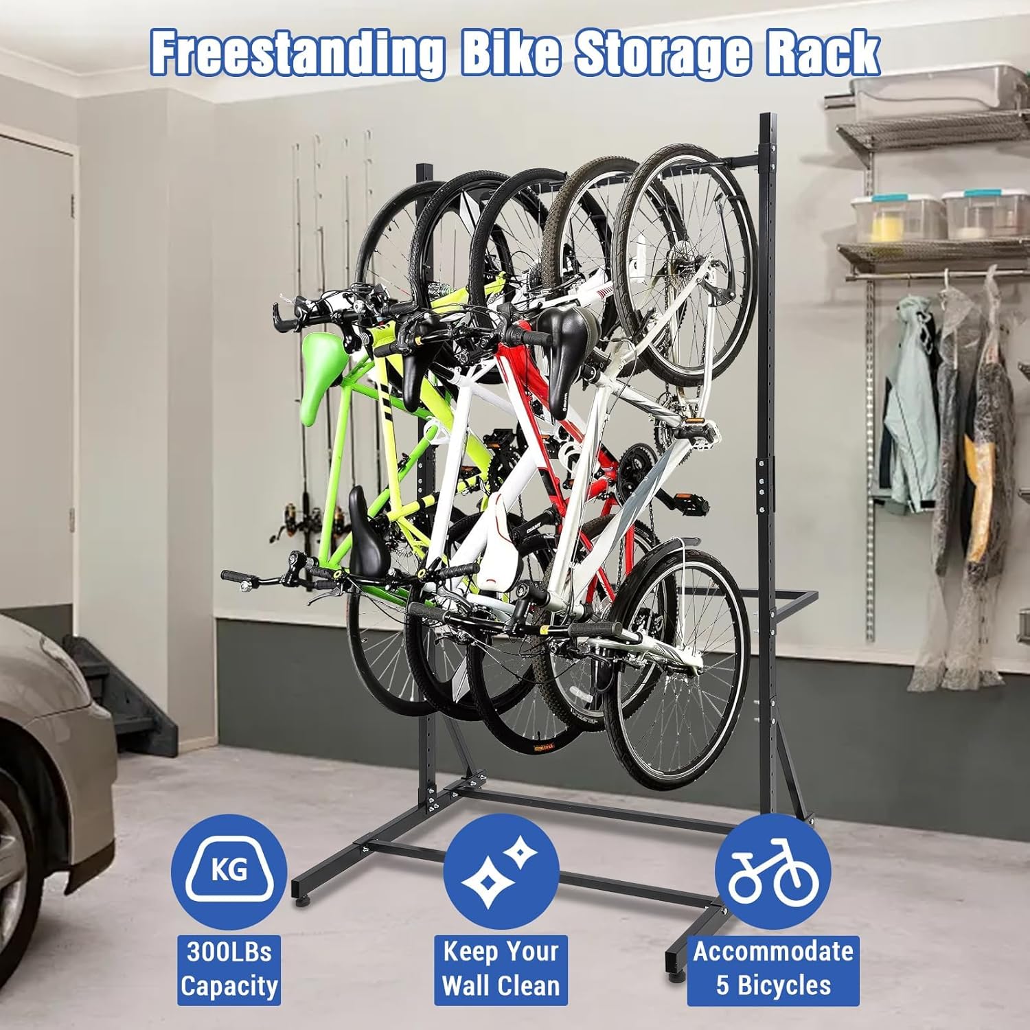 Freestanding Vertical Bike Rack for 5 Bicycles-Adjustable Upright Bike Stand Organizer, Heavy-Duty Bicycle Storage Rack for Home & Garage (300 Lbs Capacity, Anti-Slip Feet, Easy Assembly)