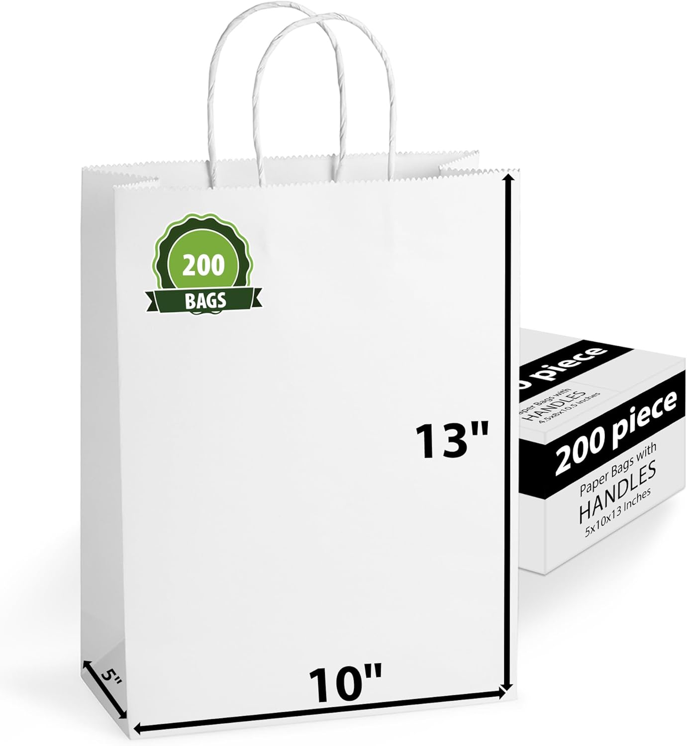 White Kraft Paper Gift Bags with Handles Bulk 200 Bags [ 2 box of 100] 10 X 5 X 13 Ideal for Shopping, Packaging, Retail, Party, Craft, Gifts, Wedding, Recycled, Business, Goody and Merchandise Bag