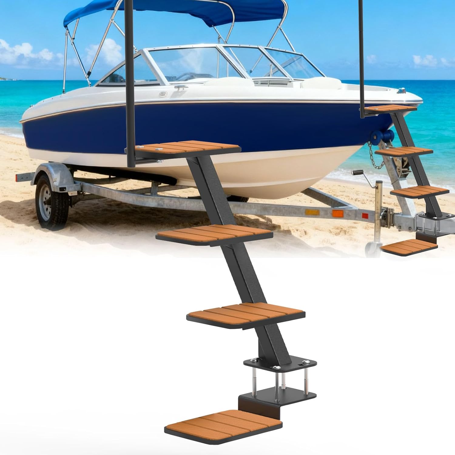 Heavy-Duty Boat Trailer Steps with Non-Slip Step & Safety Handrail - Easy Boarding on Pontoon, Bass, Loading Gear or Fishing - Easy & Secure Installation (4 Step, Black)