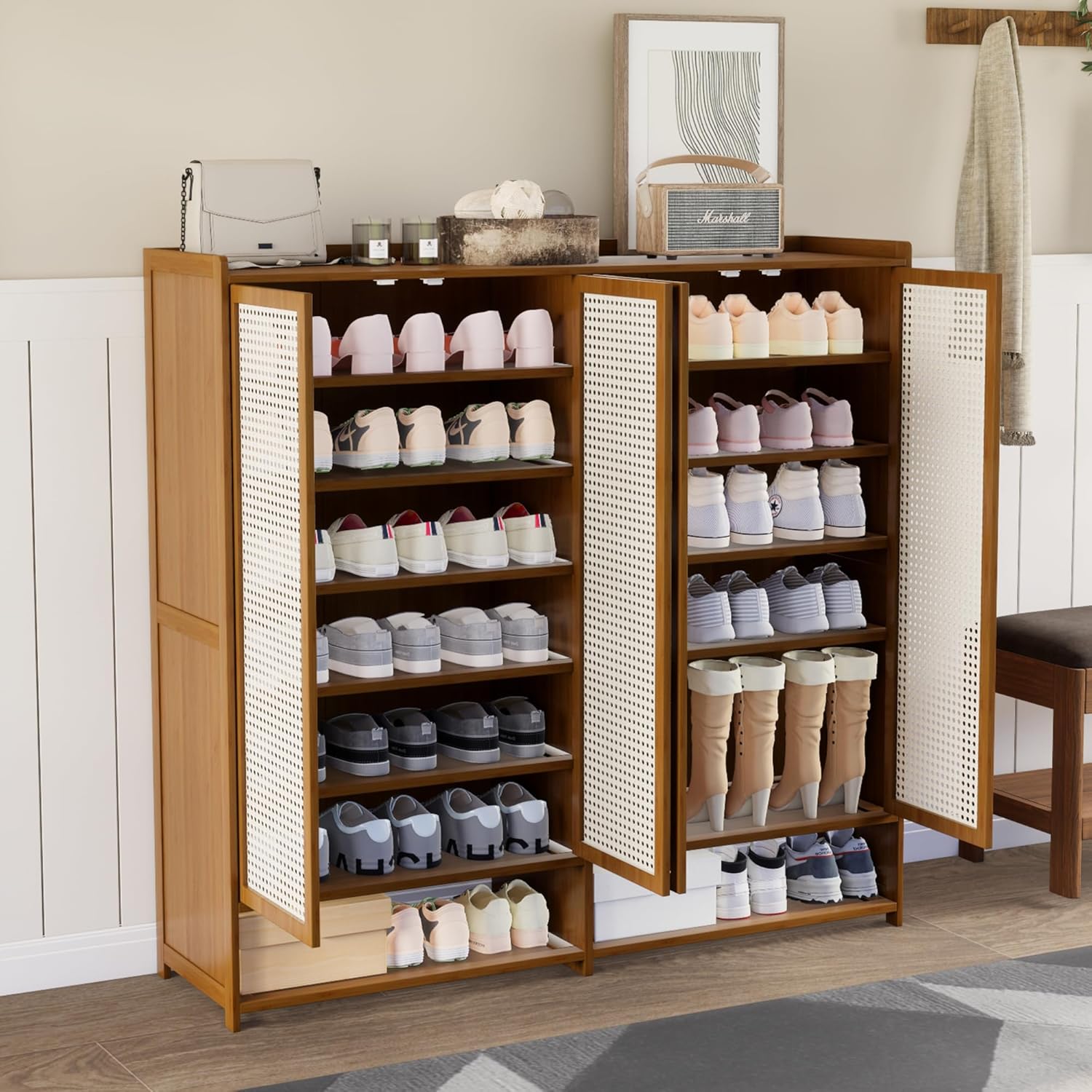 Shoe Cabinet,Upgraded Large Shoe Storage Organizer,Rattan Shoe Cabinet with Doors and Shelves,Heavy Duty 8-Tier BambooShoe Rack (8 Tier)